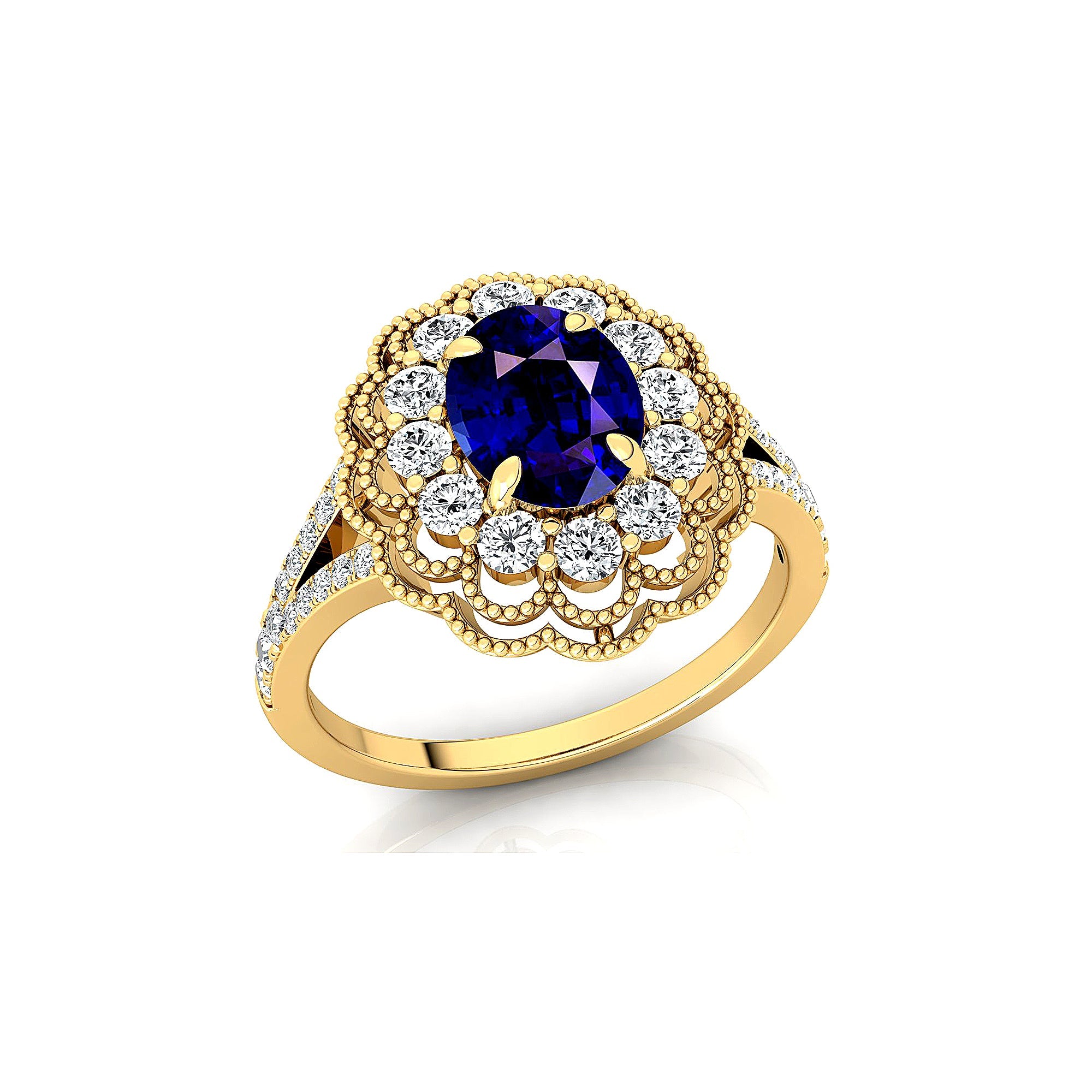 Flower Inspired Cluster Diamond Oval Blue Sapphire Engagement Ring - GeumJewels