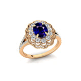 Flower Inspired Cluster Diamond Oval Blue Sapphire Engagement Ring - GeumJewels