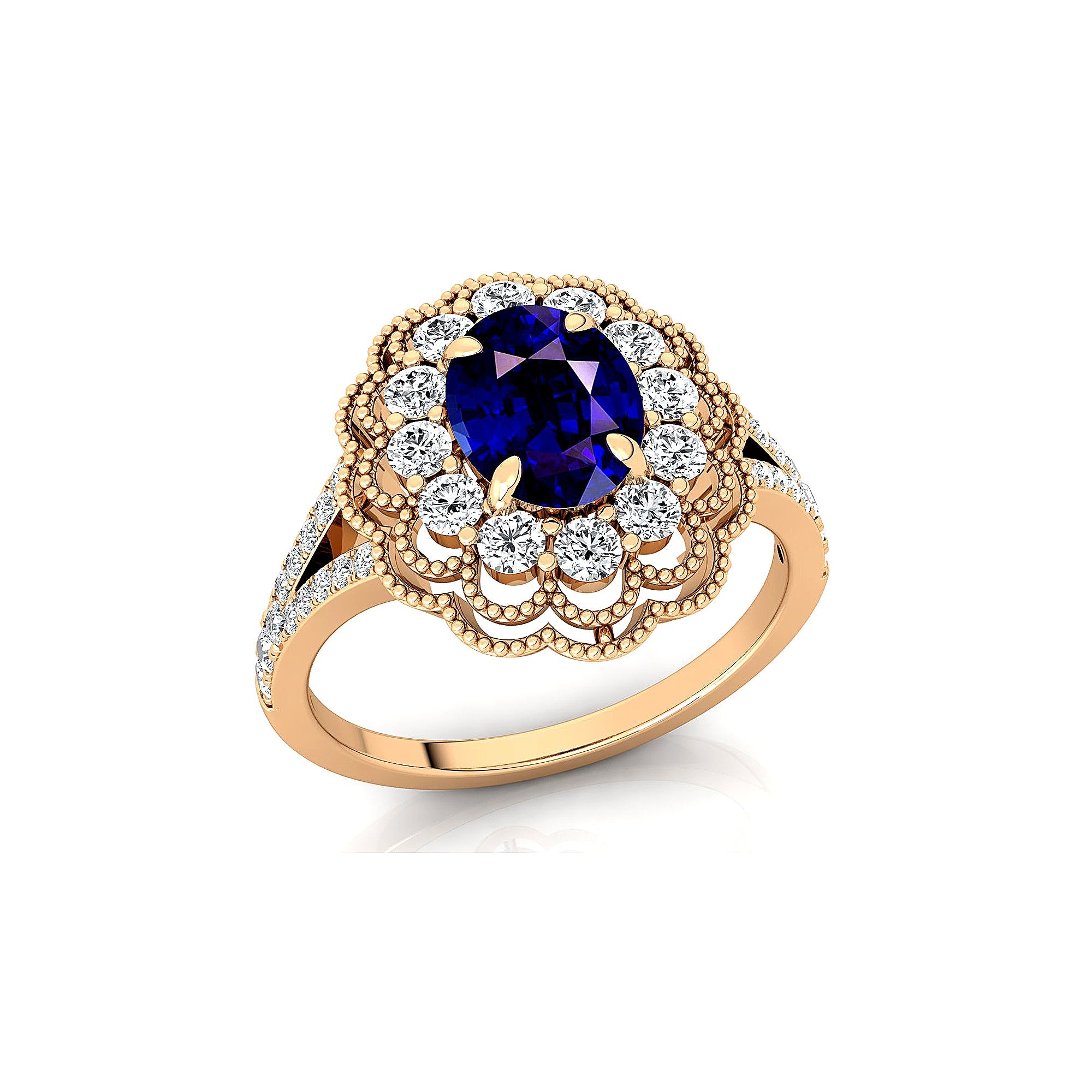 Flower Inspired Cluster Diamond Oval Blue Sapphire Engagement Ring - GeumJewels