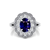 Flower Inspired Cluster Diamond Oval Blue Sapphire Engagement Ring - GeumJewels