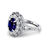 Flower Inspired Cluster Diamond Oval Blue Sapphire Engagement Ring - GeumJewels