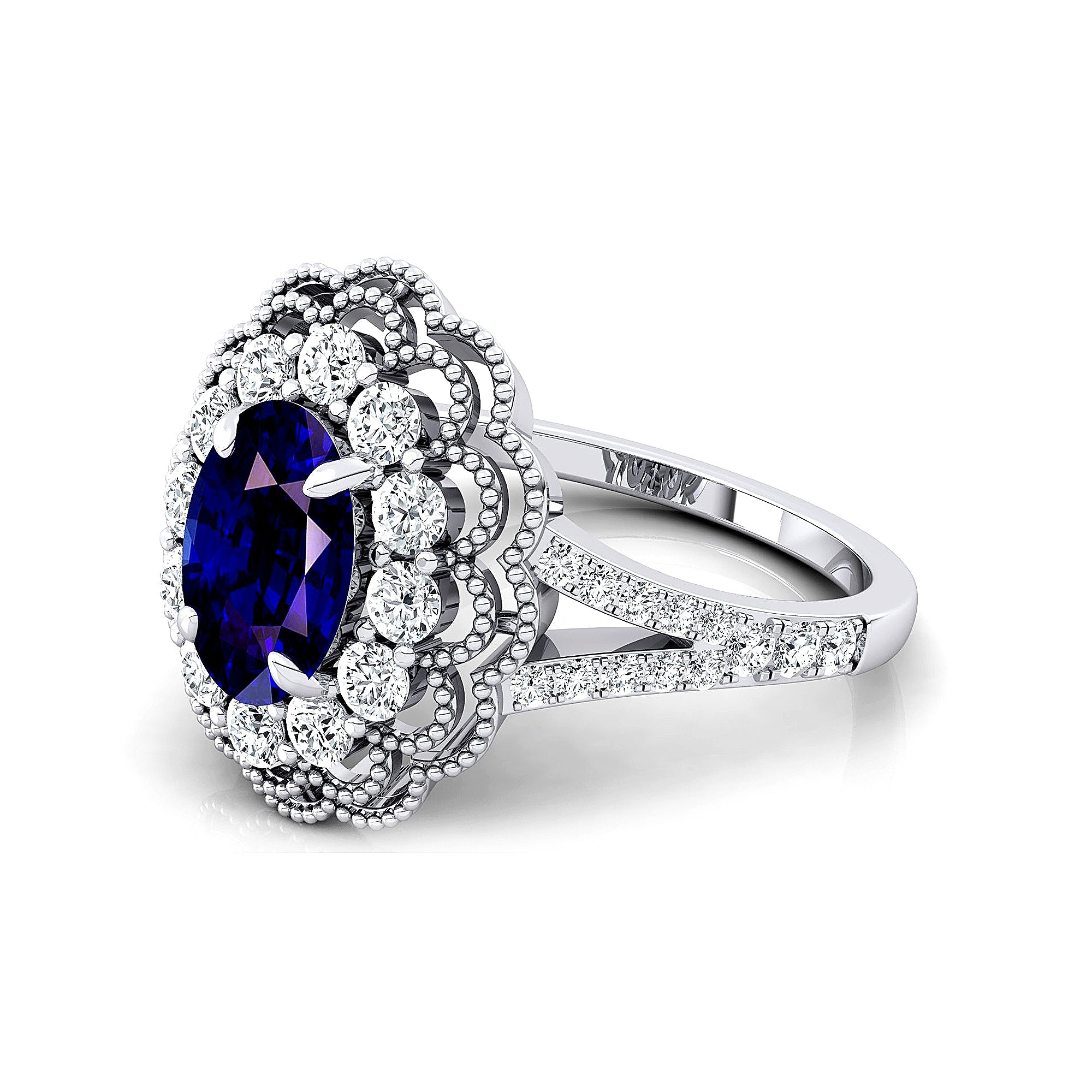 Flower Inspired Cluster Diamond Oval Blue Sapphire Engagement Ring - GeumJewels