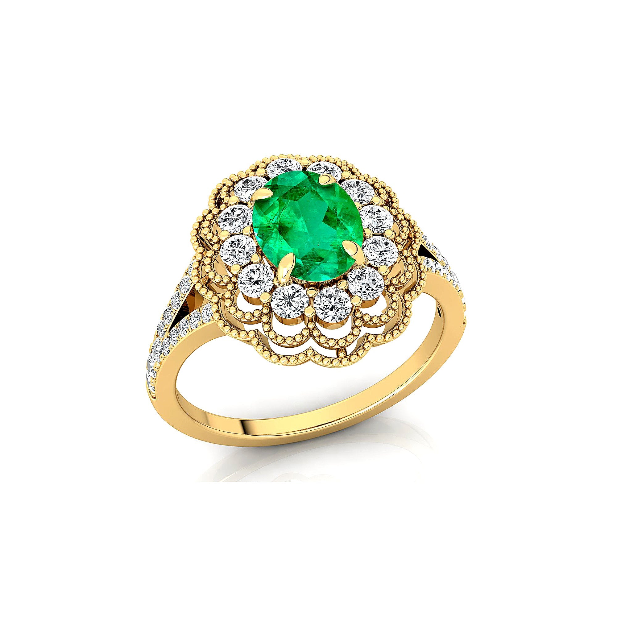 Flower Inspired Cluster Diamond Oval Emerald Engagement Ring - GeumJewels