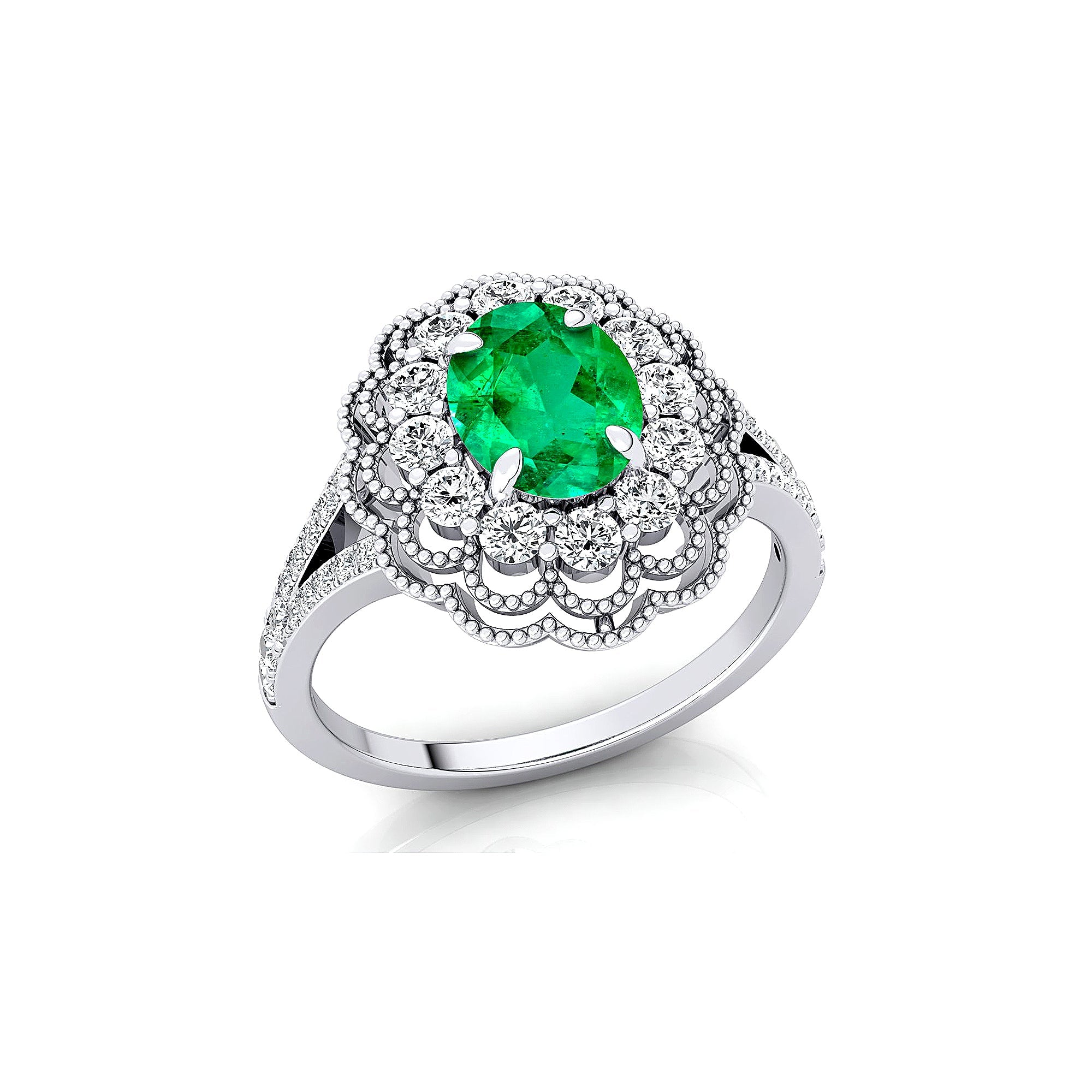 Flower Inspired Cluster Diamond Oval Emerald Engagement Ring - GeumJewels