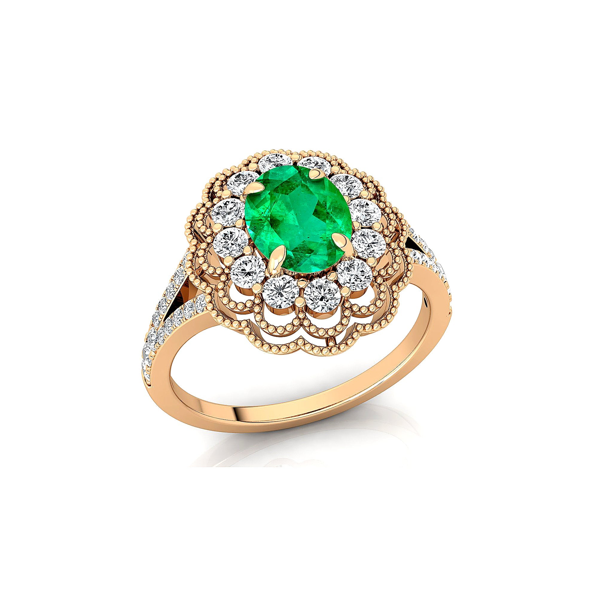 Flower Inspired Cluster Diamond Oval Emerald Engagement Ring - GeumJewels
