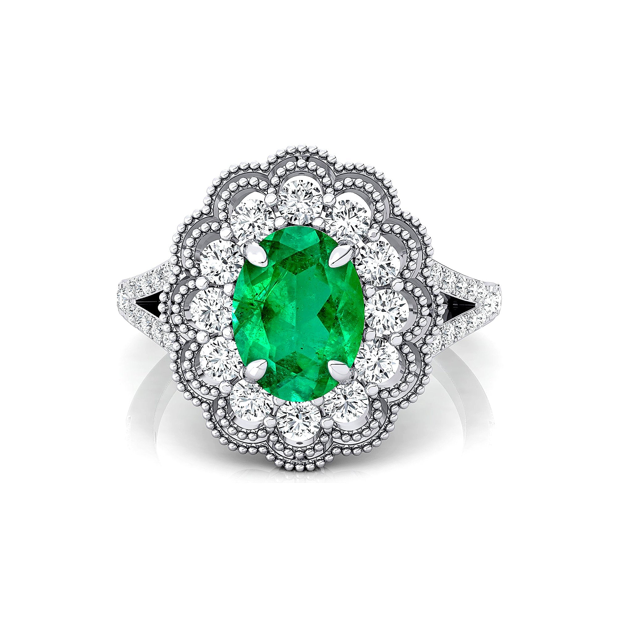 Flower Inspired Cluster Diamond Oval Emerald Engagement Ring - GeumJewels