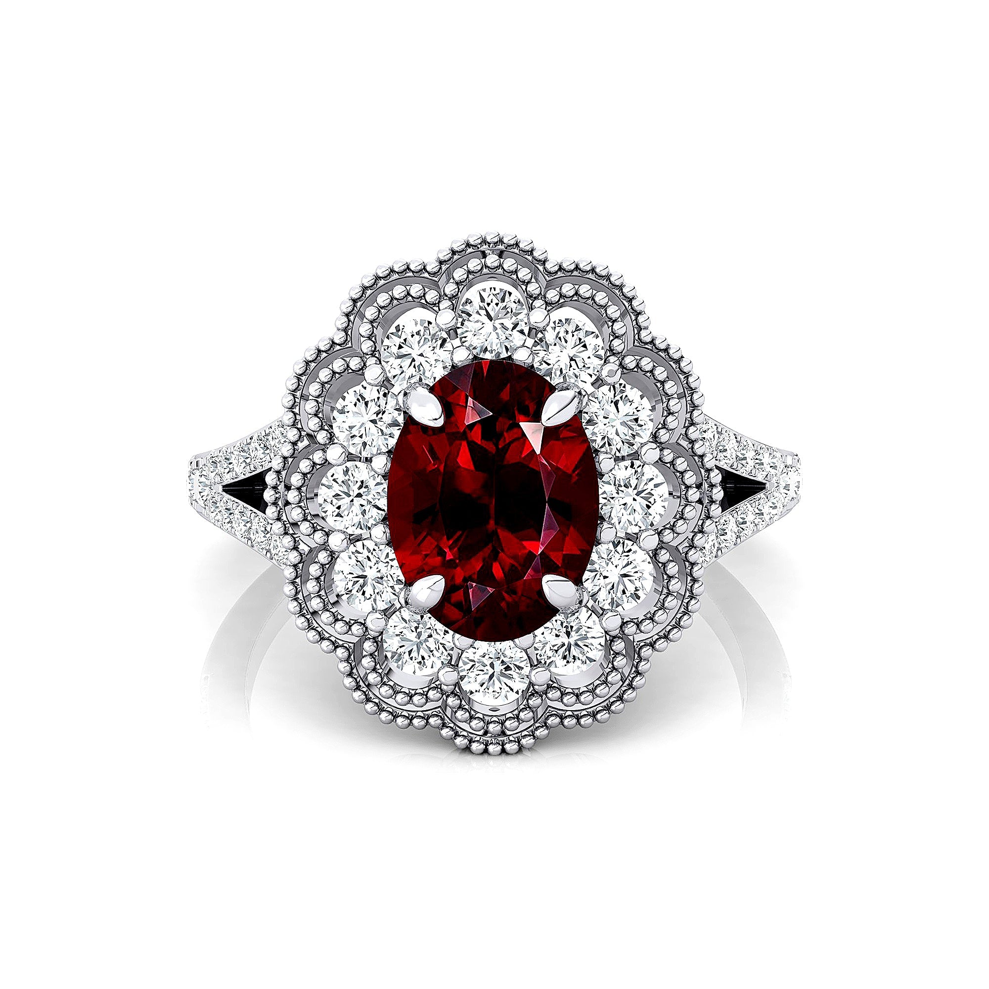 Flower Inspired Cluster Diamond Oval Garnet Engagement Ring - GeumJewels
