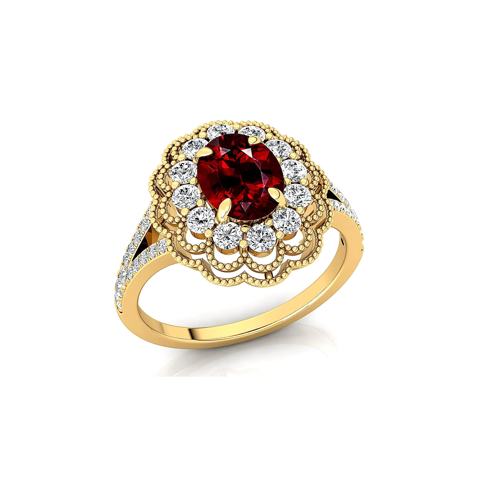 Flower Inspired Cluster Diamond Oval Garnet Engagement Ring - GeumJewels