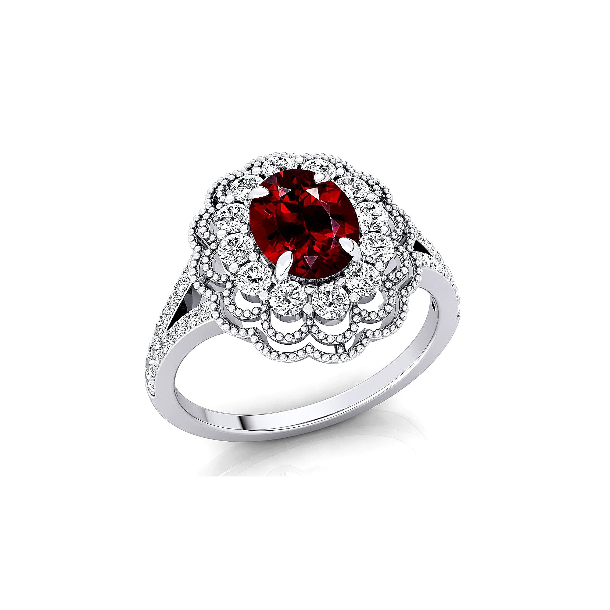 Flower Inspired Cluster Diamond Oval Garnet Engagement Ring - GeumJewels