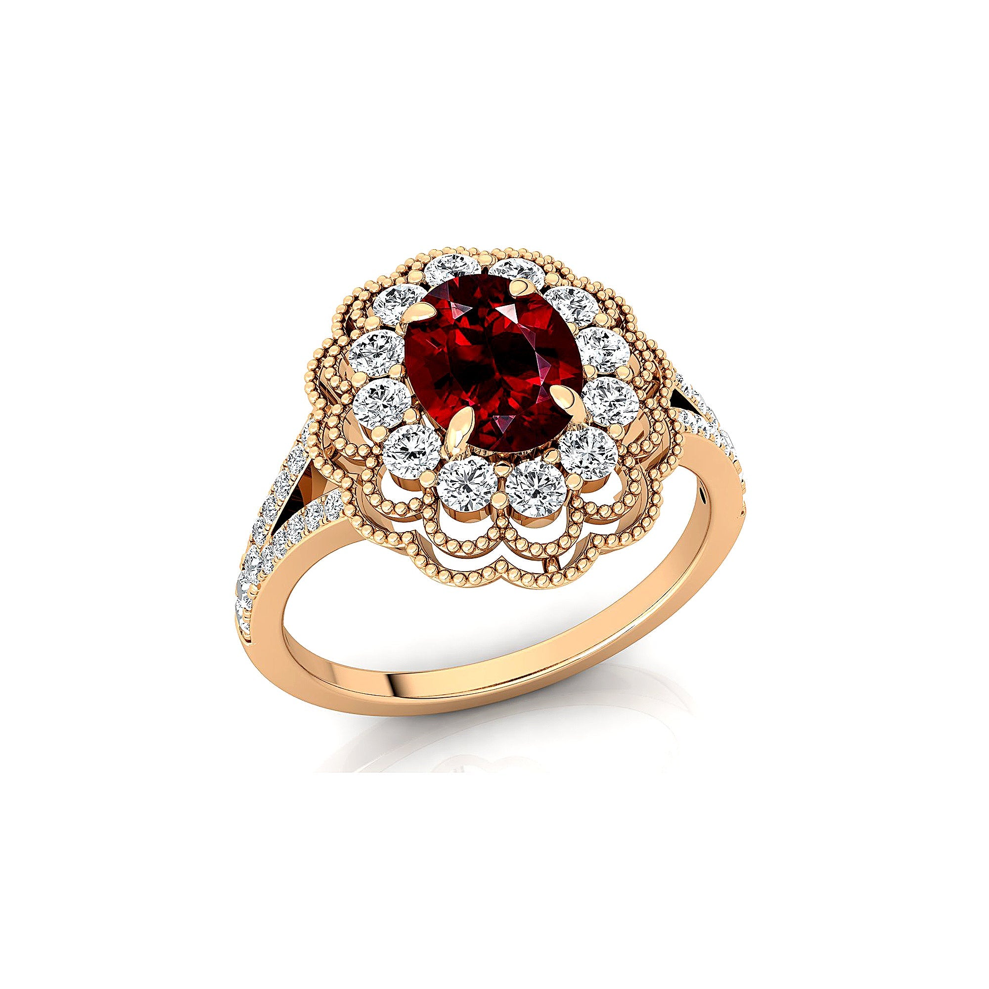Flower Inspired Cluster Diamond Oval Garnet Engagement Ring - GeumJewels