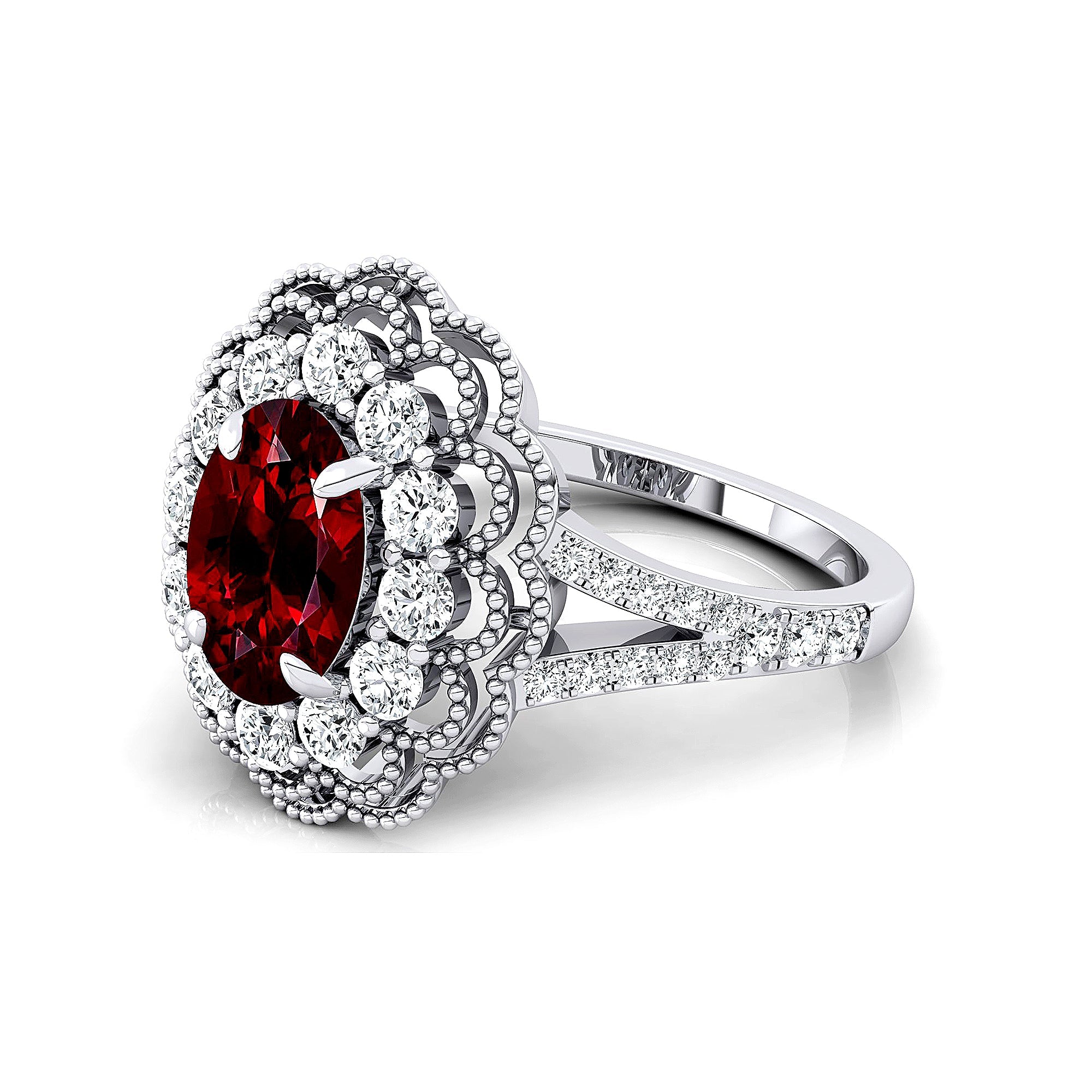 Flower Inspired Cluster Diamond Oval Garnet Engagement Ring - GeumJewels
