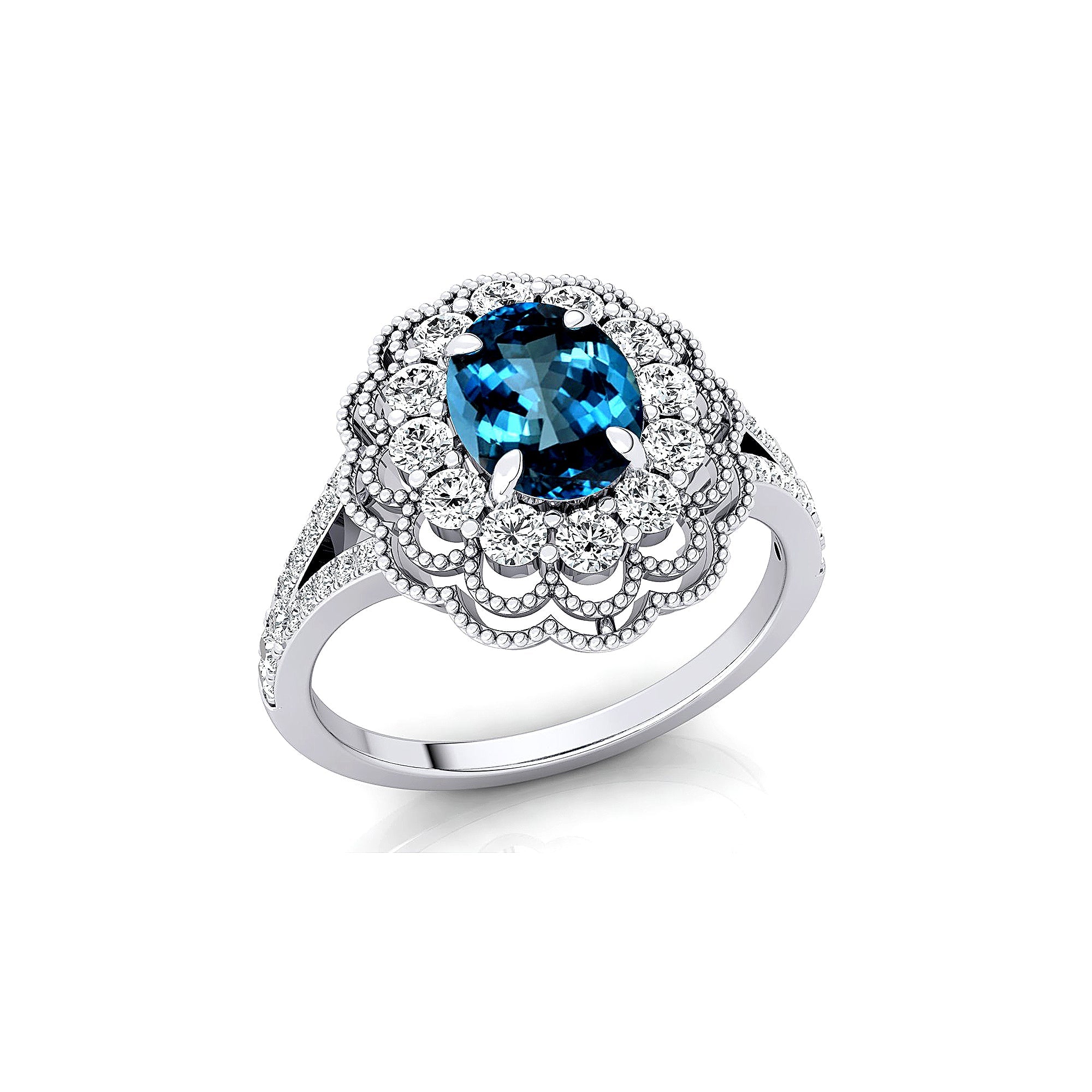 Flower Inspired Cluster Diamond Oval London Blue Topaz Engagement Ring - GeumJewels