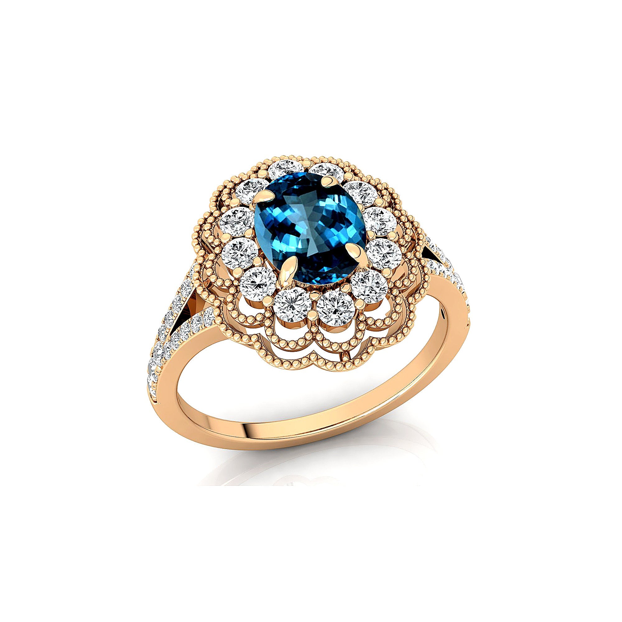 Flower Inspired Cluster Diamond Oval London Blue Topaz Engagement Ring - GeumJewels