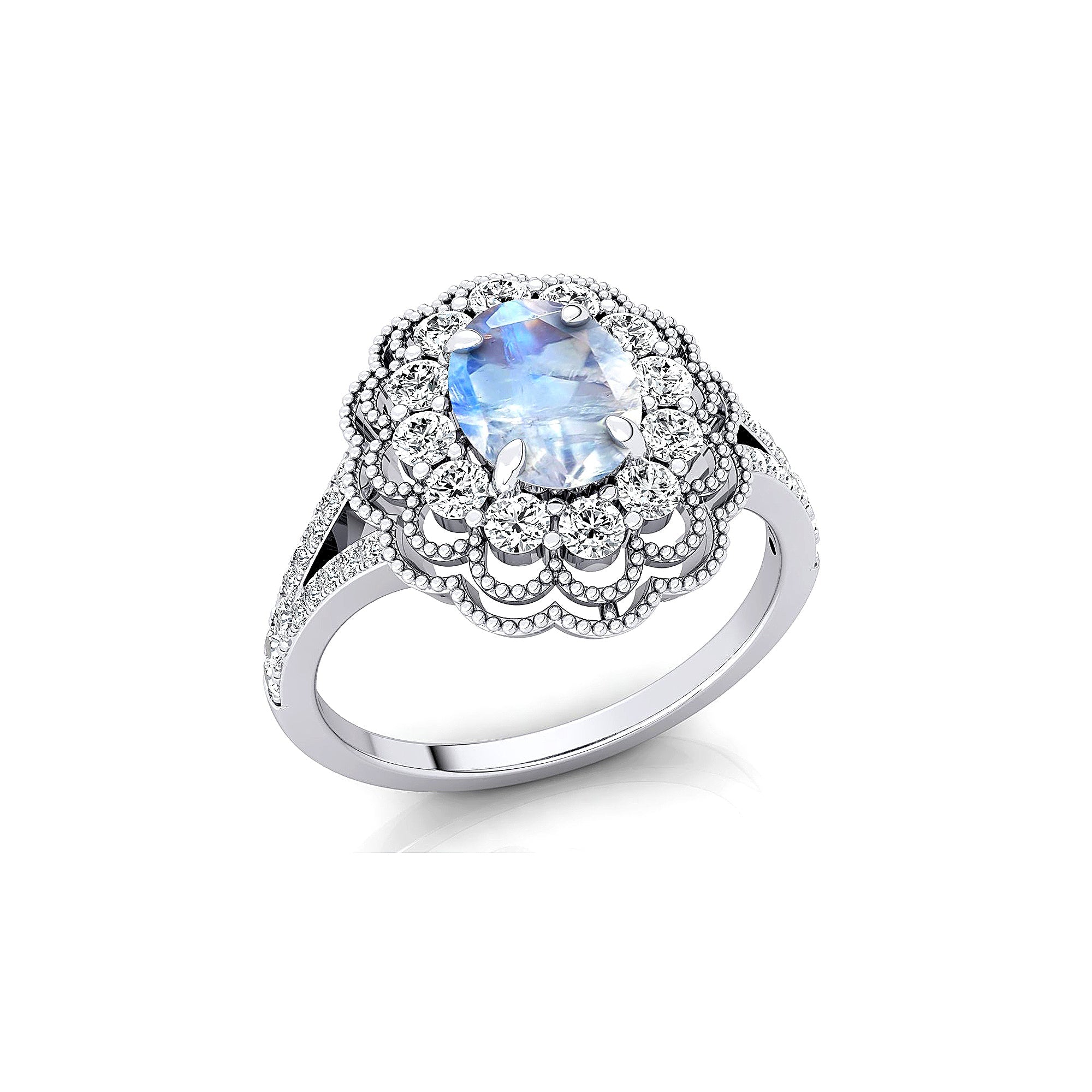 Flower Inspired Cluster Diamond Oval Moonstone Engagement Ring - GeumJewels