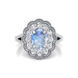 Flower Inspired Cluster Diamond Oval Moonstone Engagement Ring - GeumJewels