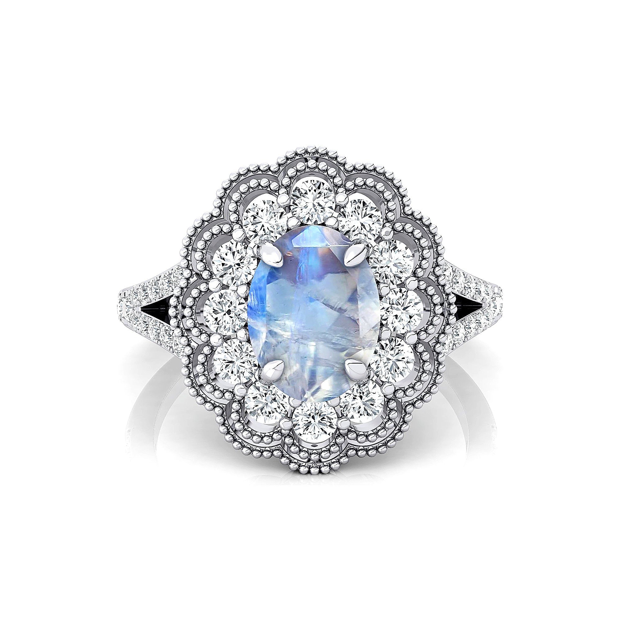 Flower Inspired Cluster Diamond Oval Moonstone Engagement Ring - GeumJewels