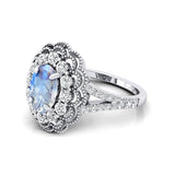 Flower Inspired Cluster Diamond Oval Moonstone Engagement Ring - GeumJewels