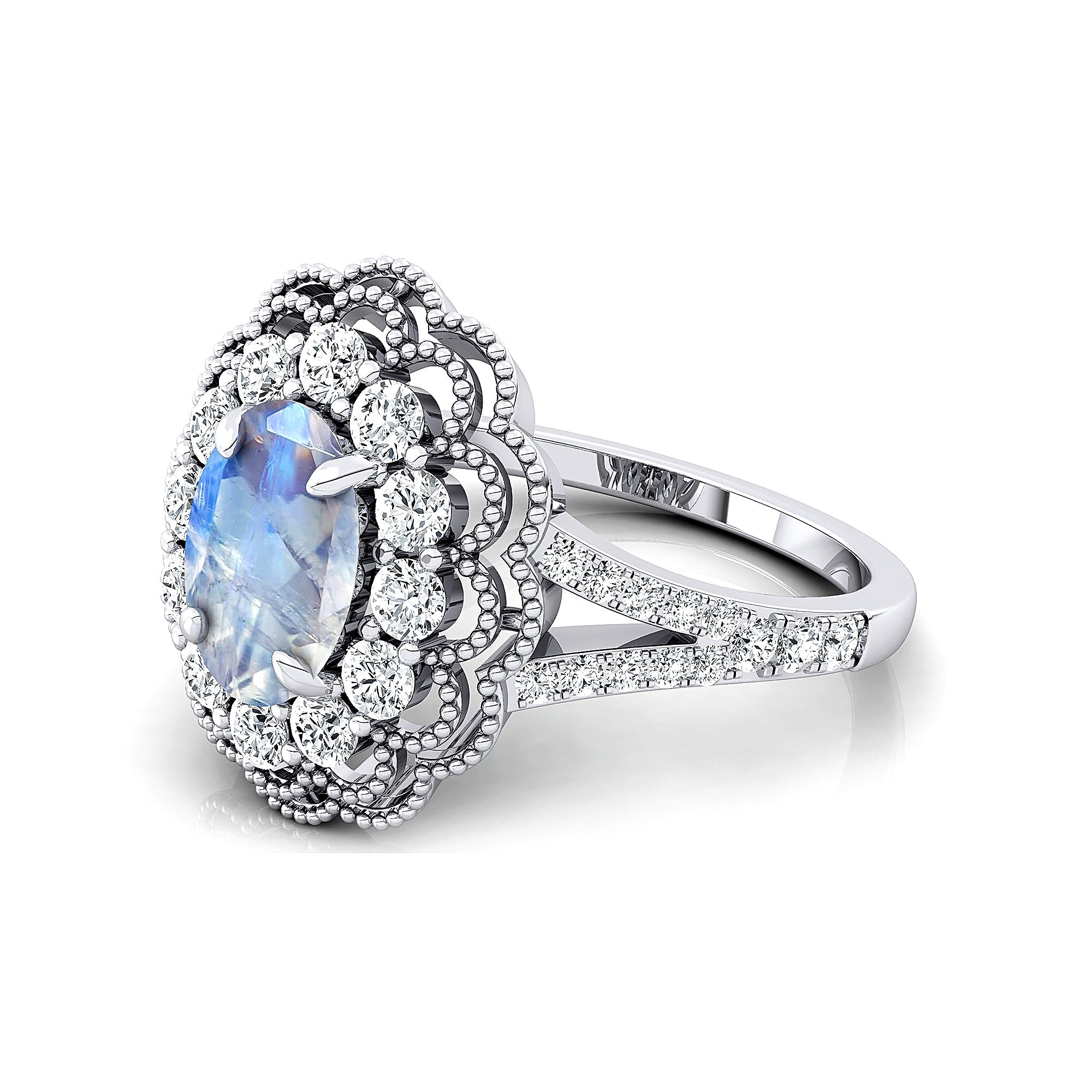Flower Inspired Cluster Diamond Oval Moonstone Engagement Ring - GeumJewels