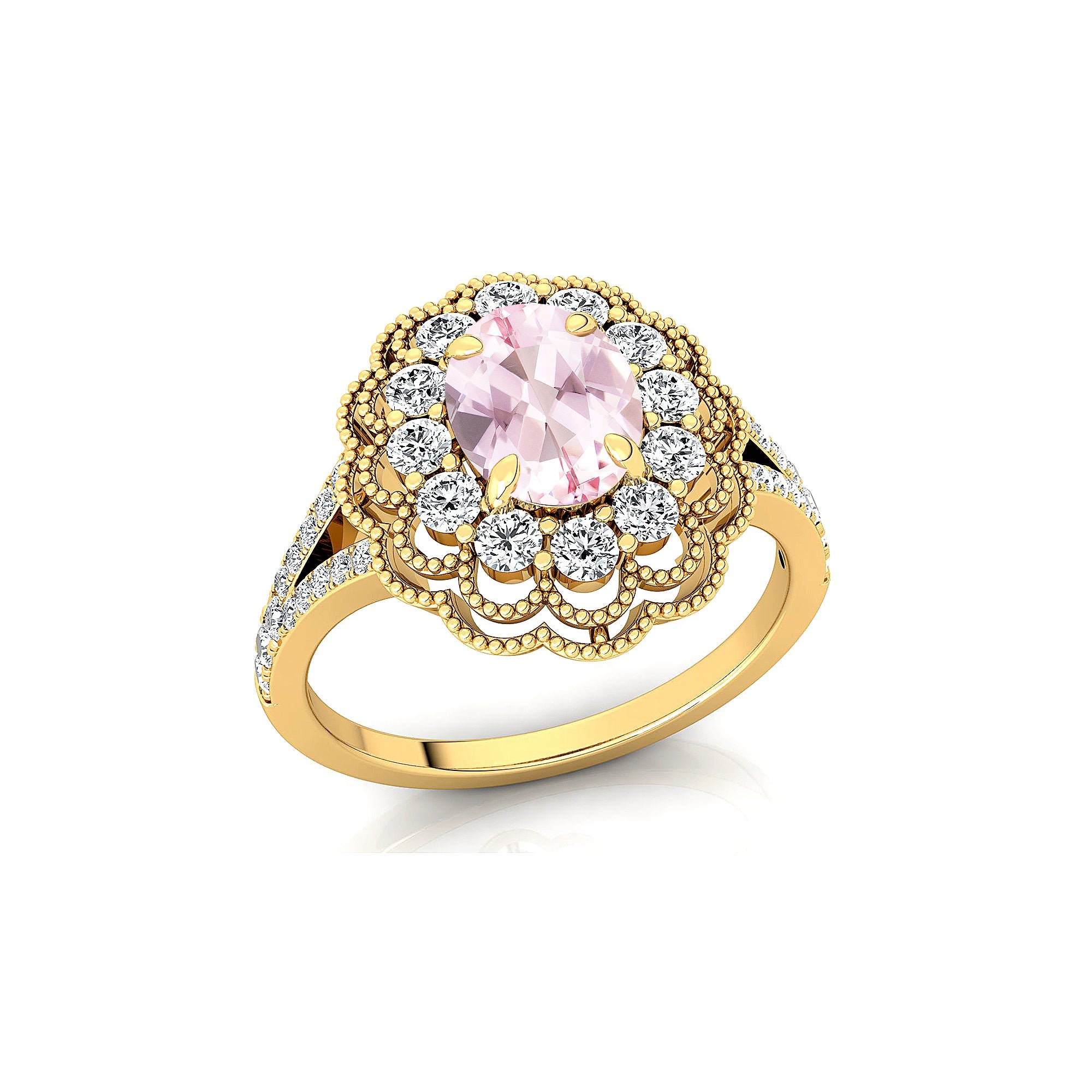 Flower Inspired Cluster Diamond Oval Morganite Engagement Ring - GeumJewels