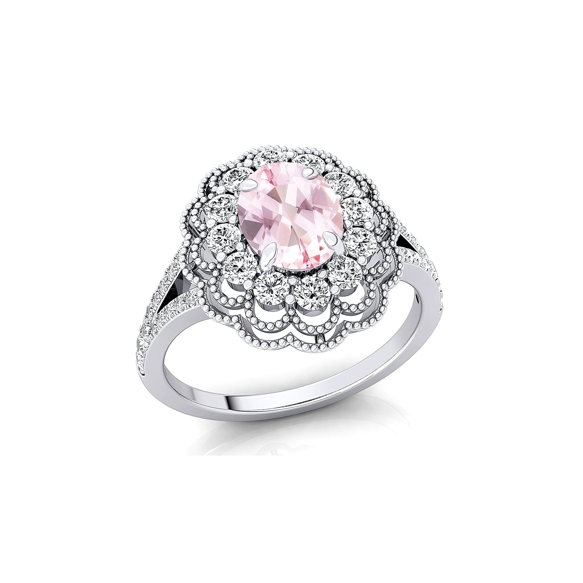 Flower Inspired Cluster Diamond Oval Morganite Engagement Ring - GeumJewels