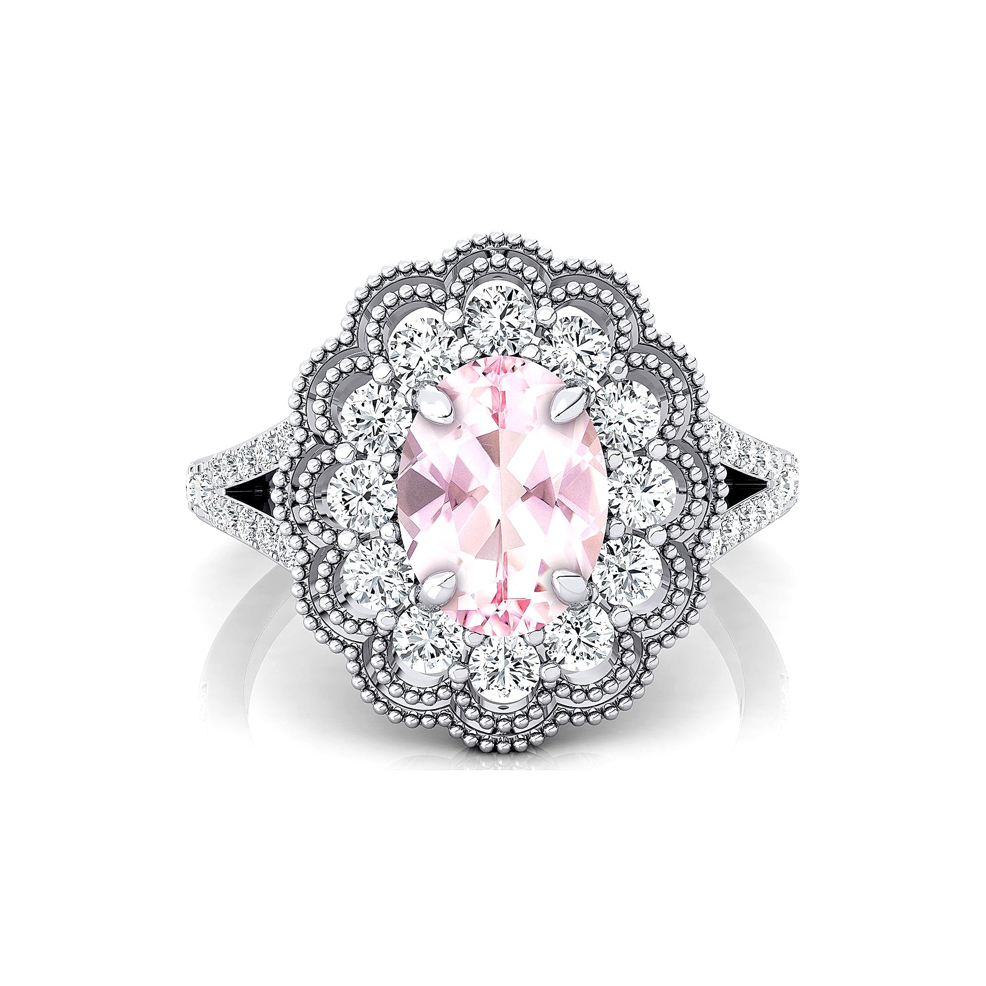 Flower Inspired Cluster Diamond Oval Morganite Engagement Ring - GeumJewels