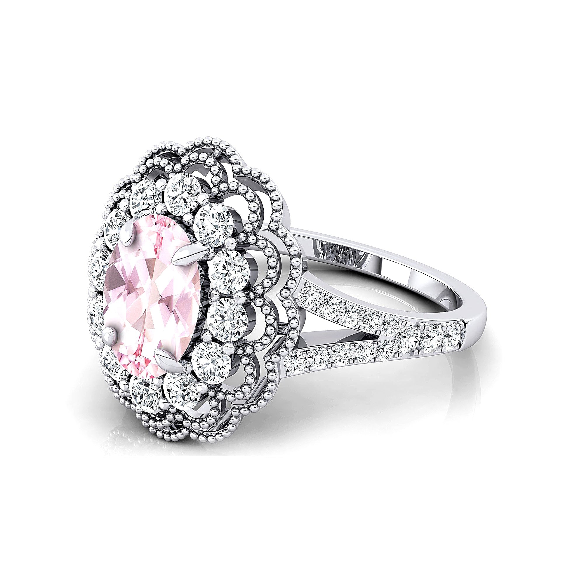 Flower Inspired Cluster Diamond Oval Morganite Engagement Ring - GeumJewels