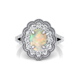 Flower Inspired Cluster Diamond Oval Opal Engagement Ring - GeumJewels