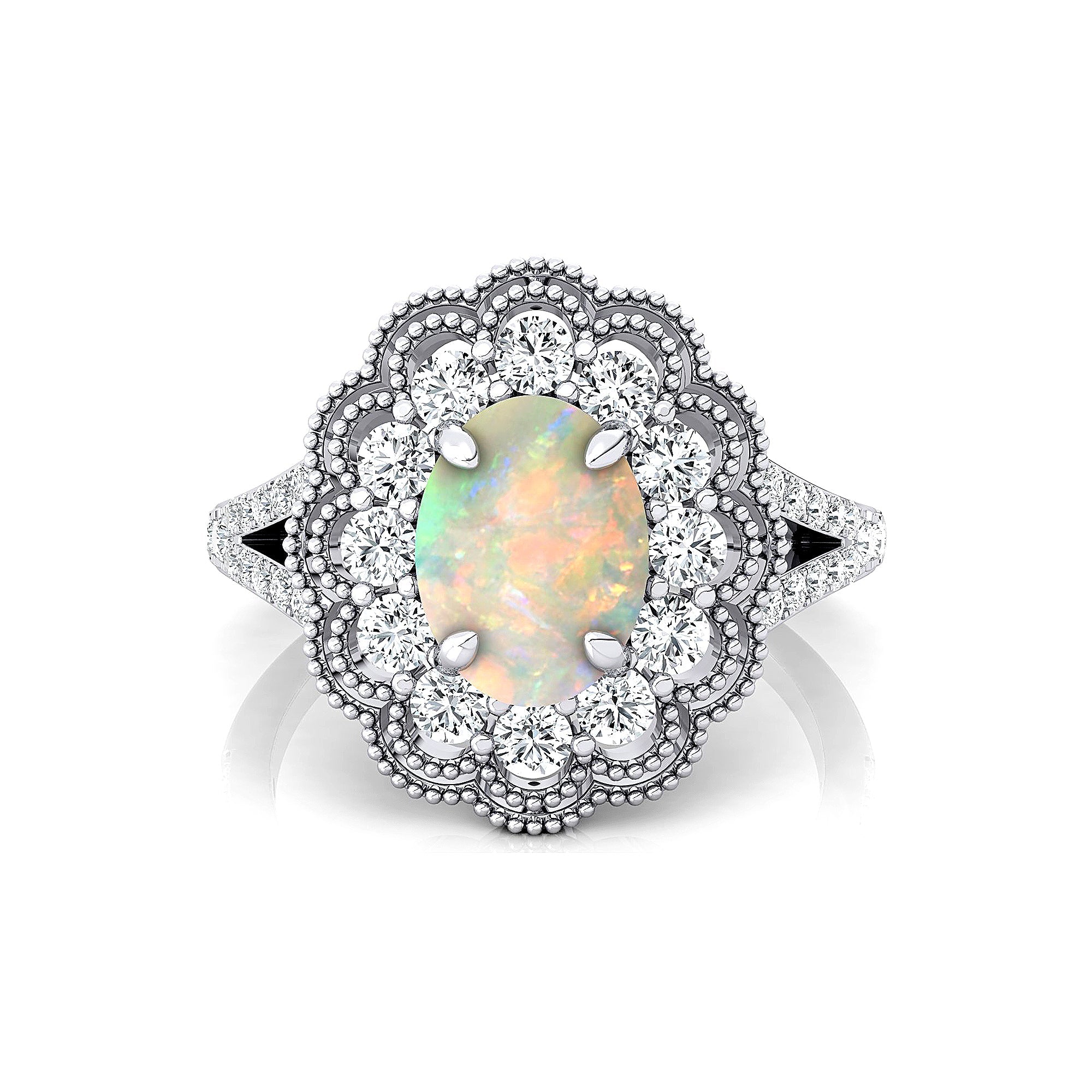 Flower Inspired Cluster Diamond Oval Opal Engagement Ring - GeumJewels