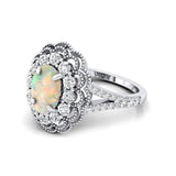 Flower Inspired Cluster Diamond Oval Opal Engagement Ring - GeumJewels
