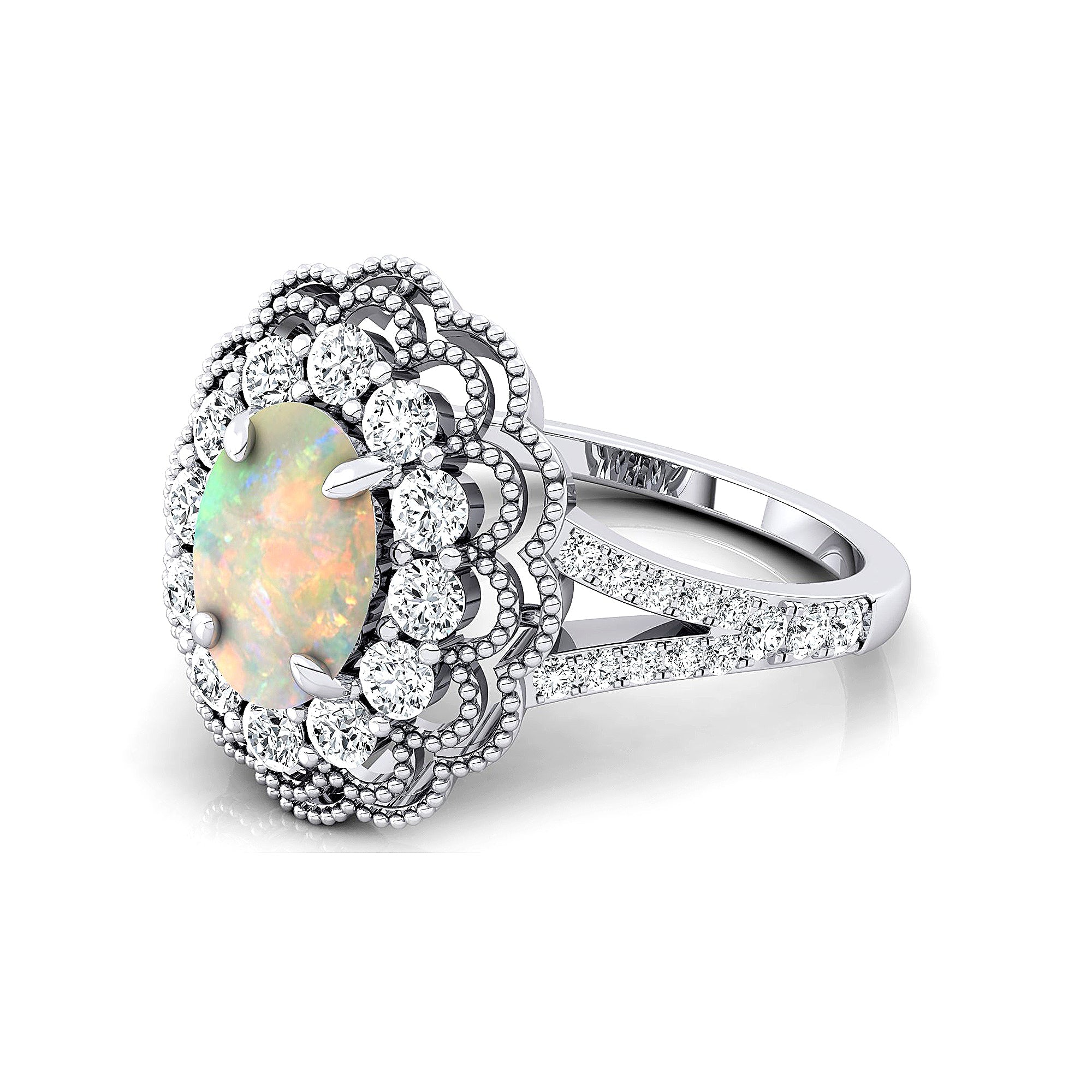 Flower Inspired Cluster Diamond Oval Opal Engagement Ring - GeumJewels