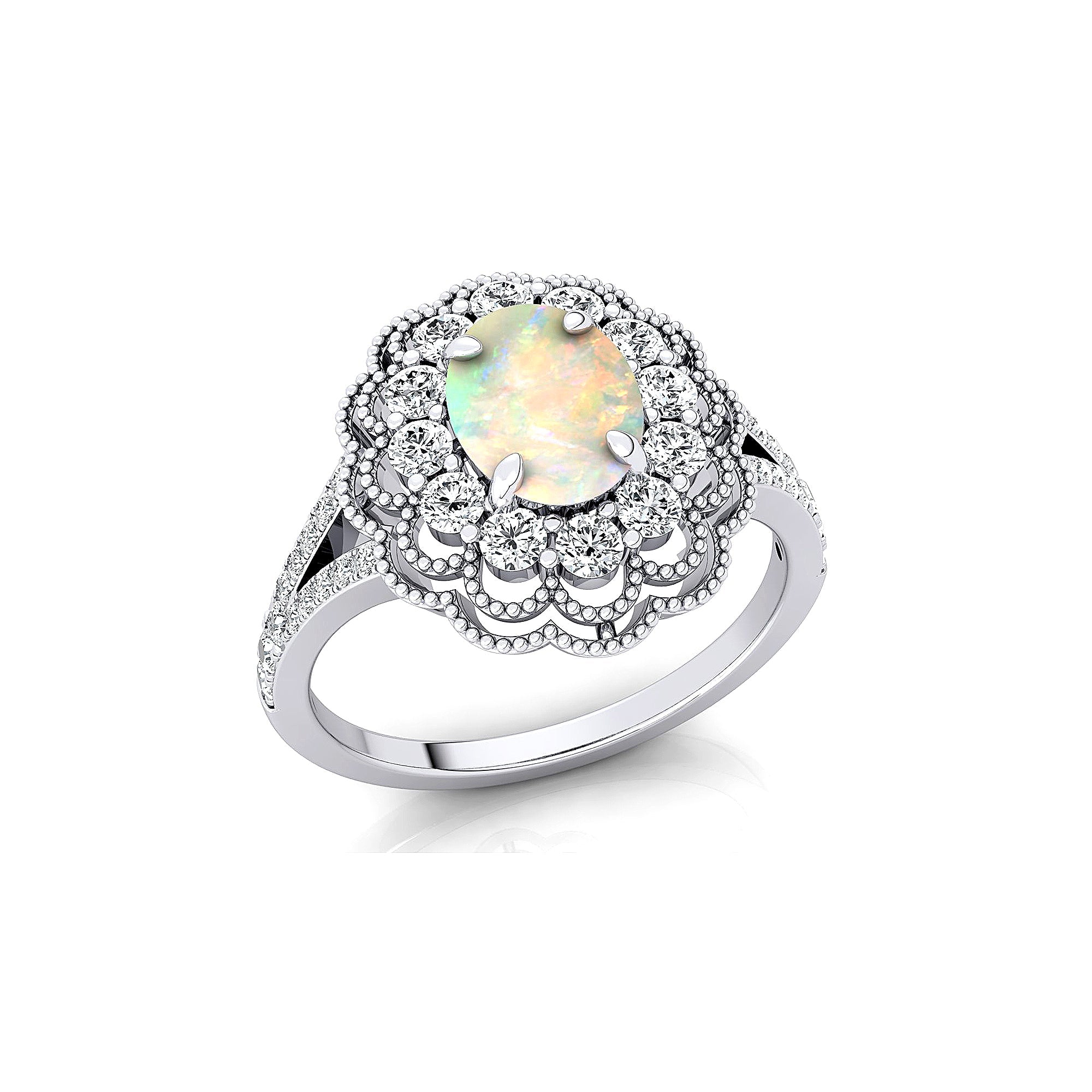 Flower Inspired Cluster Diamond Oval Opal Engagement Ring - GeumJewels