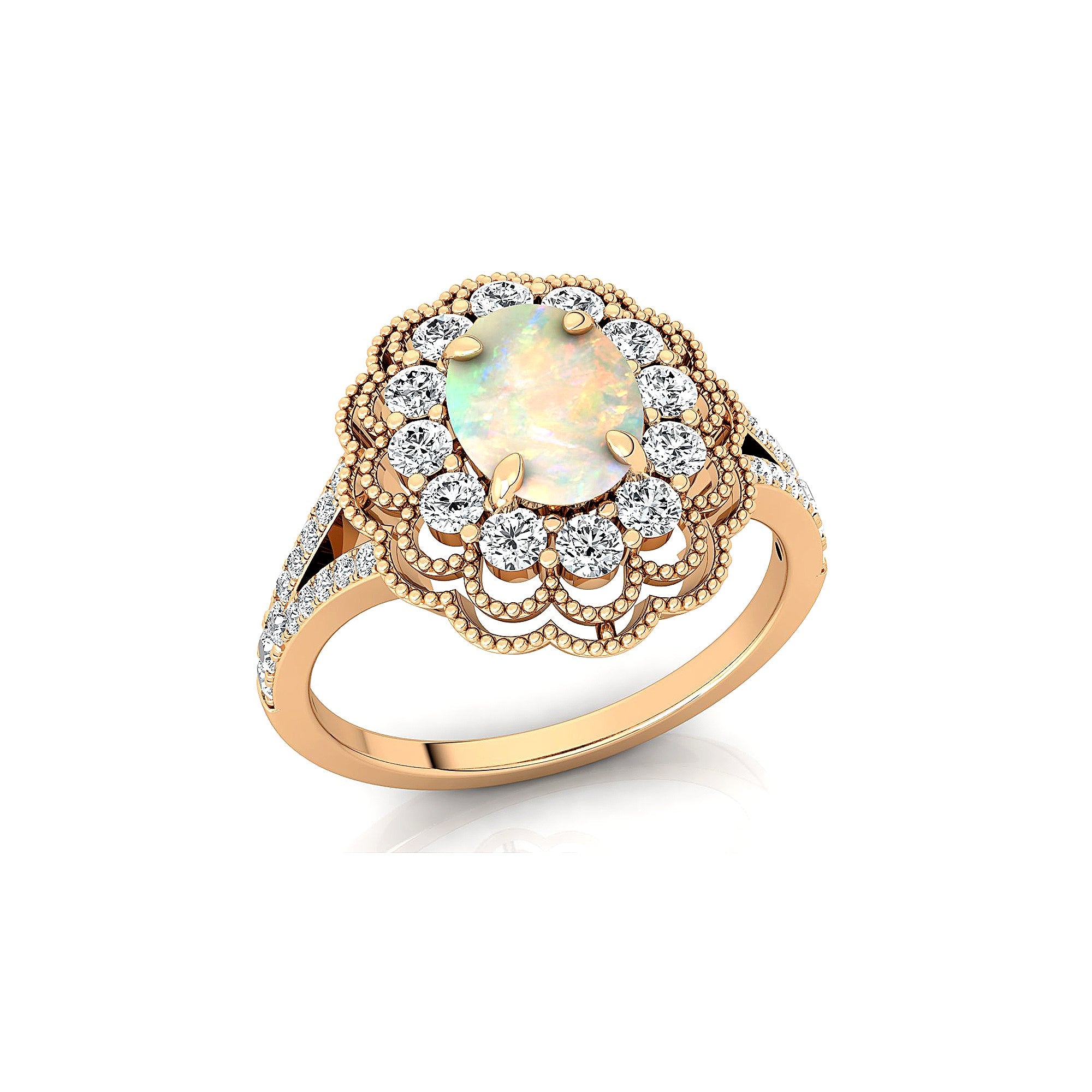 Flower Inspired Cluster Diamond Oval Opal Engagement Ring - GeumJewels