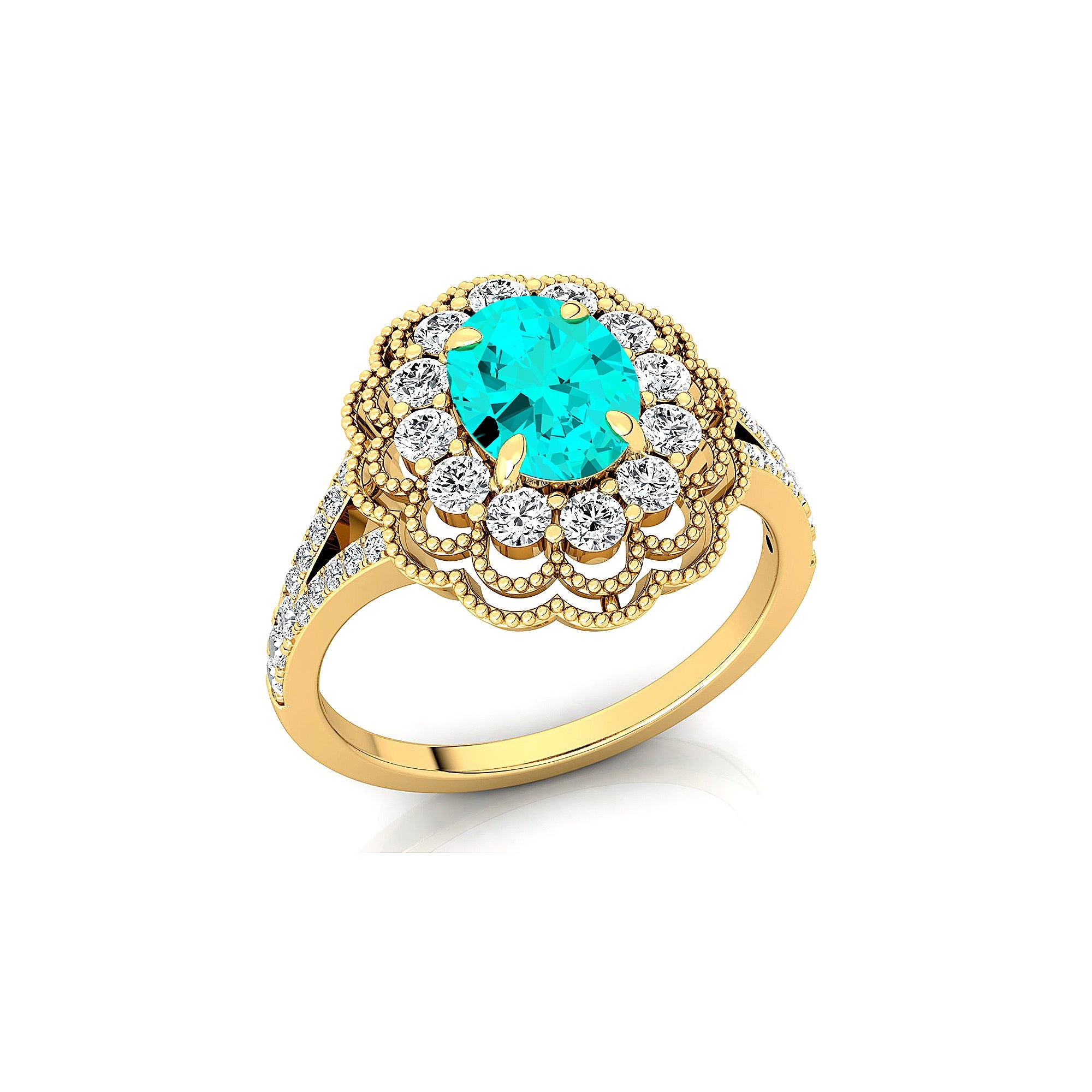 Flower Inspired Cluster Diamond Oval Paraiba Tourmaline Engagement Ring - GeumJewels