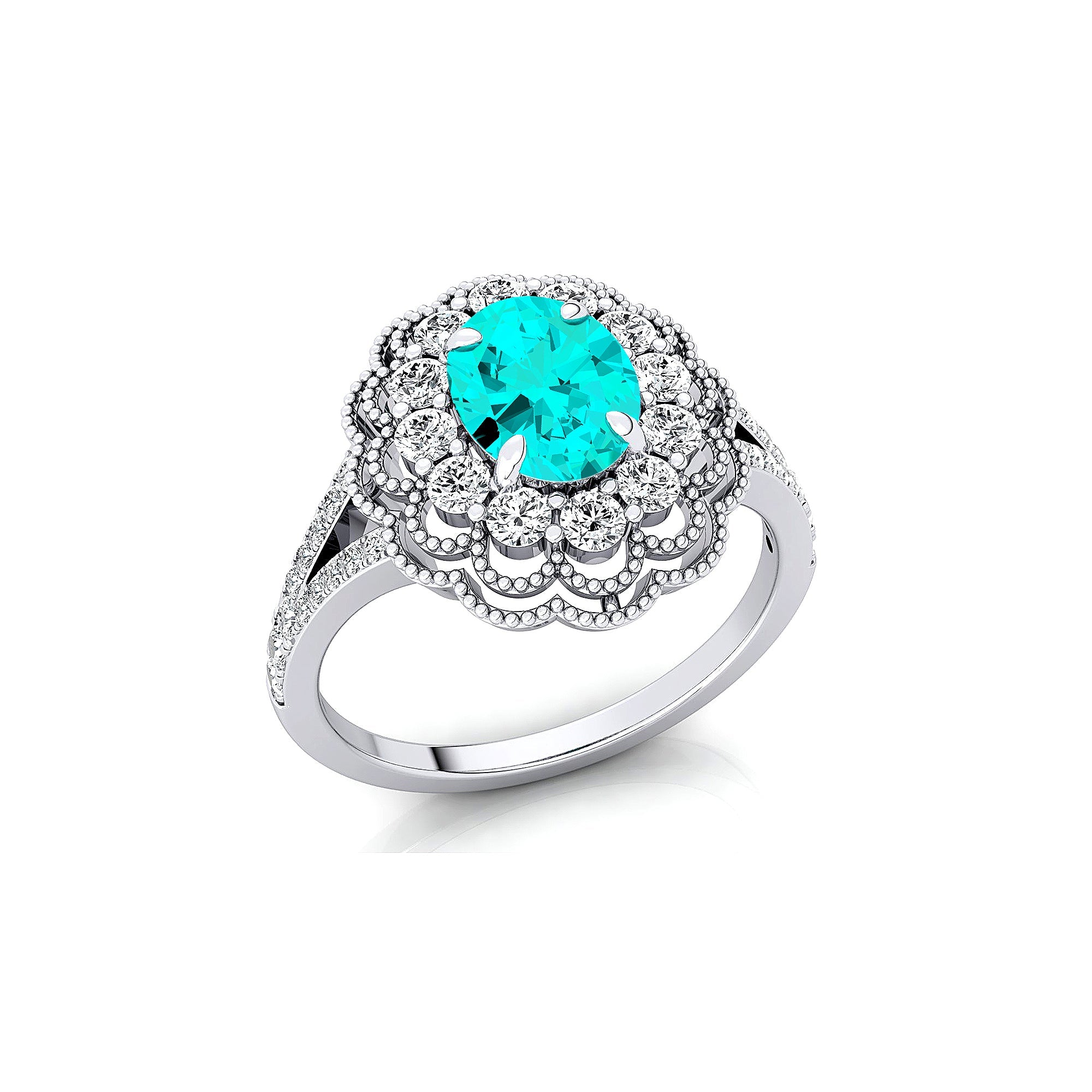Flower Inspired Cluster Diamond Oval Paraiba Tourmaline Engagement Ring - GeumJewels