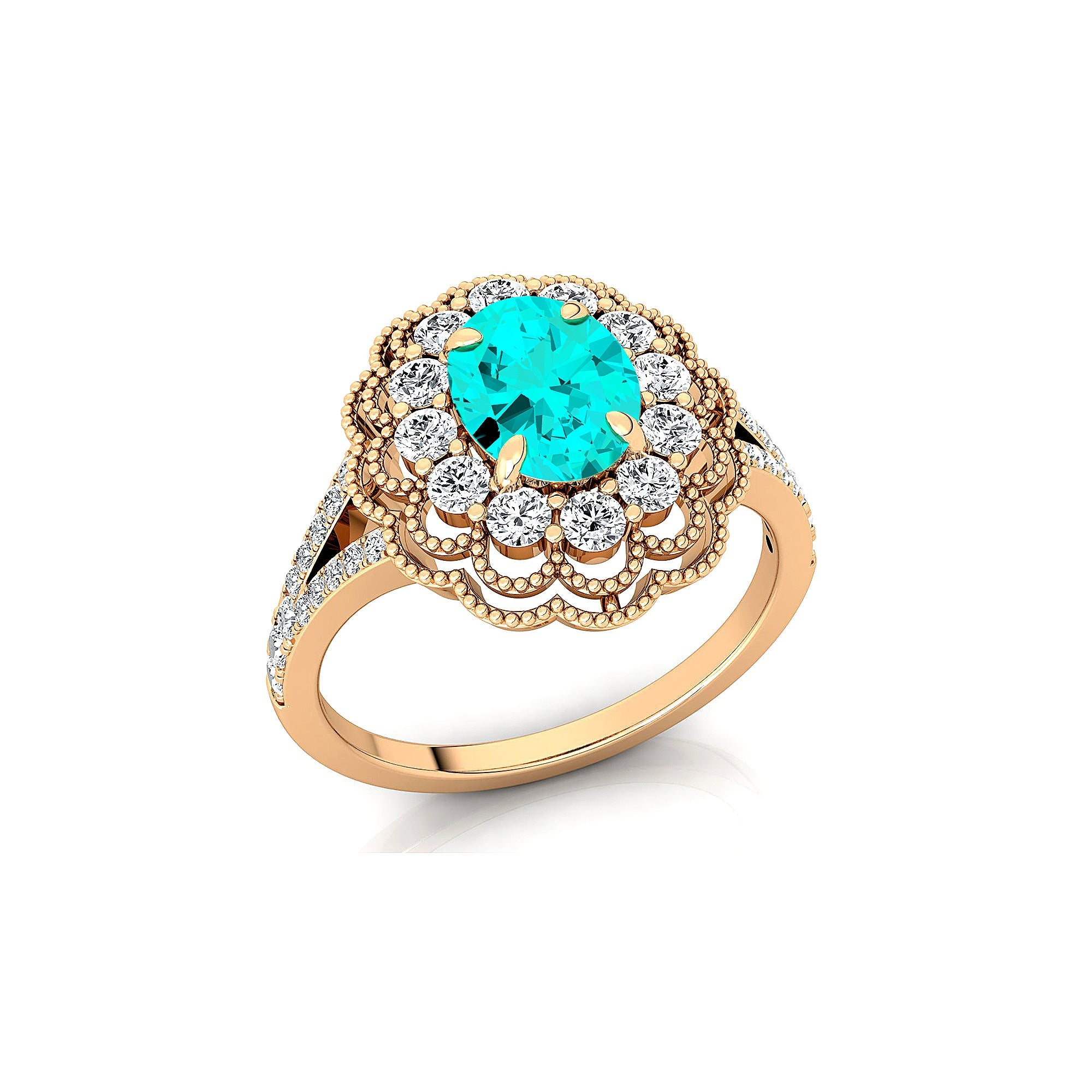 Flower Inspired Cluster Diamond Oval Paraiba Tourmaline Engagement Ring - GeumJewels
