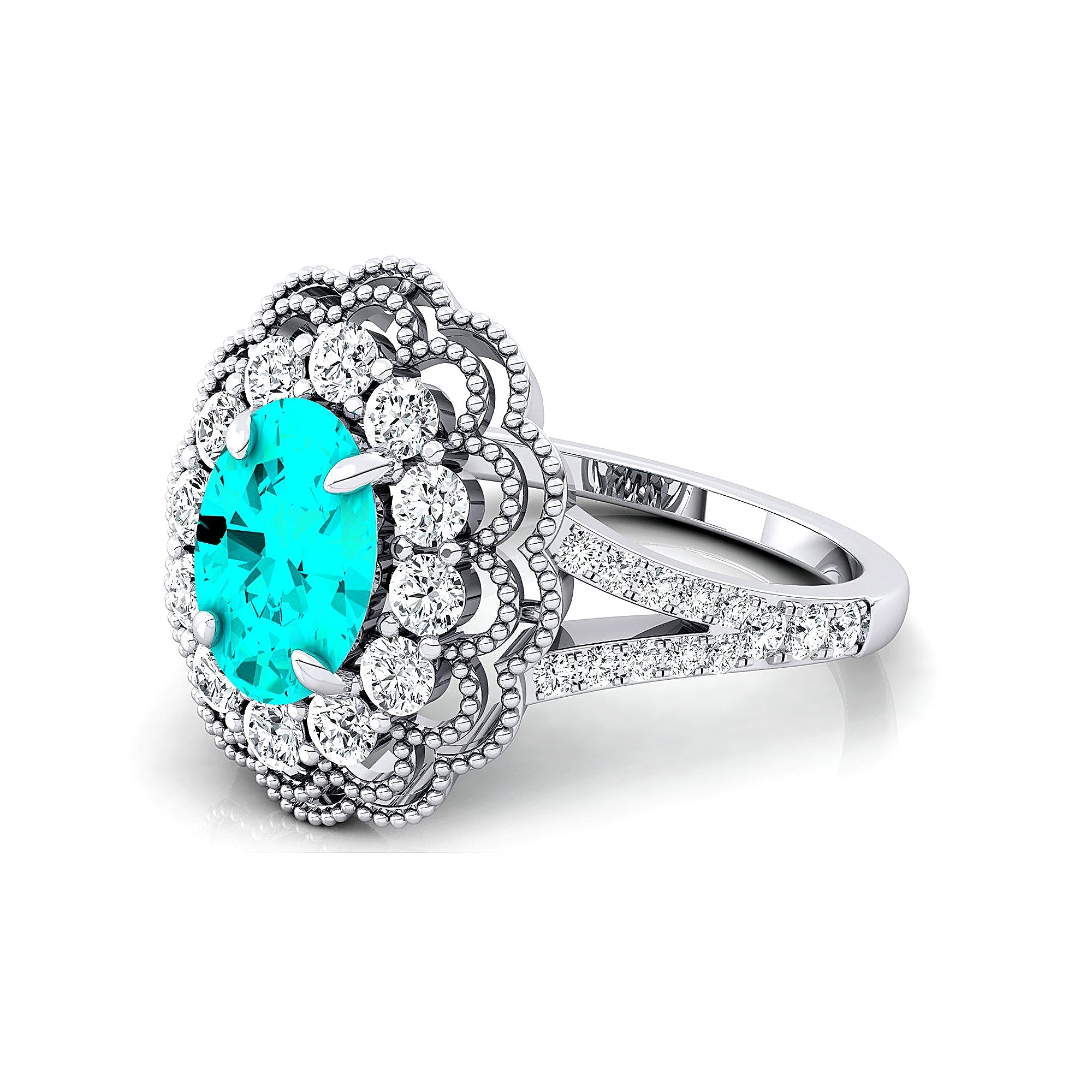 Flower Inspired Cluster Diamond Oval Paraiba Tourmaline Engagement Ring - GeumJewels