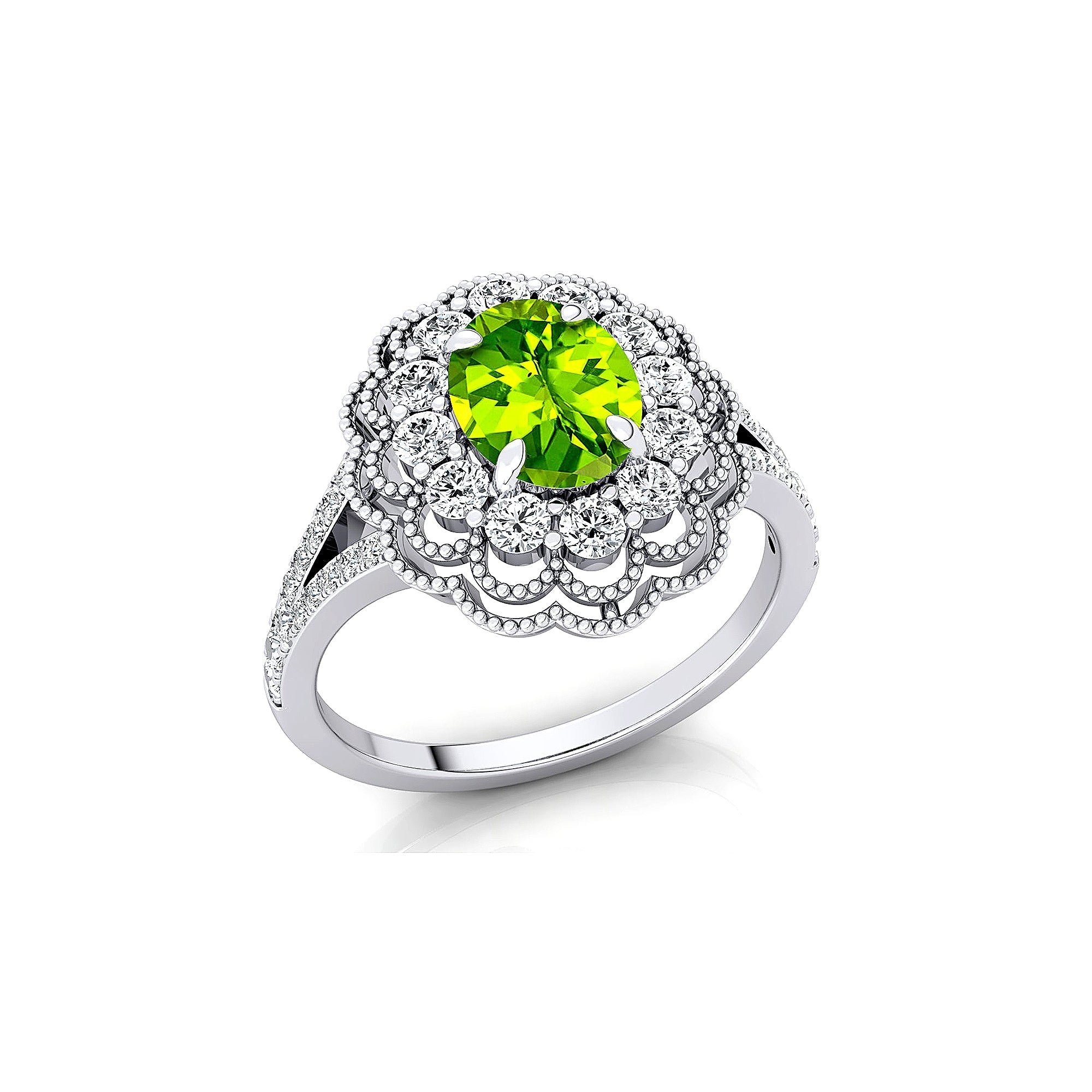 Flower Inspired Cluster Diamond Oval Peridot Engagement Ring - GeumJewels