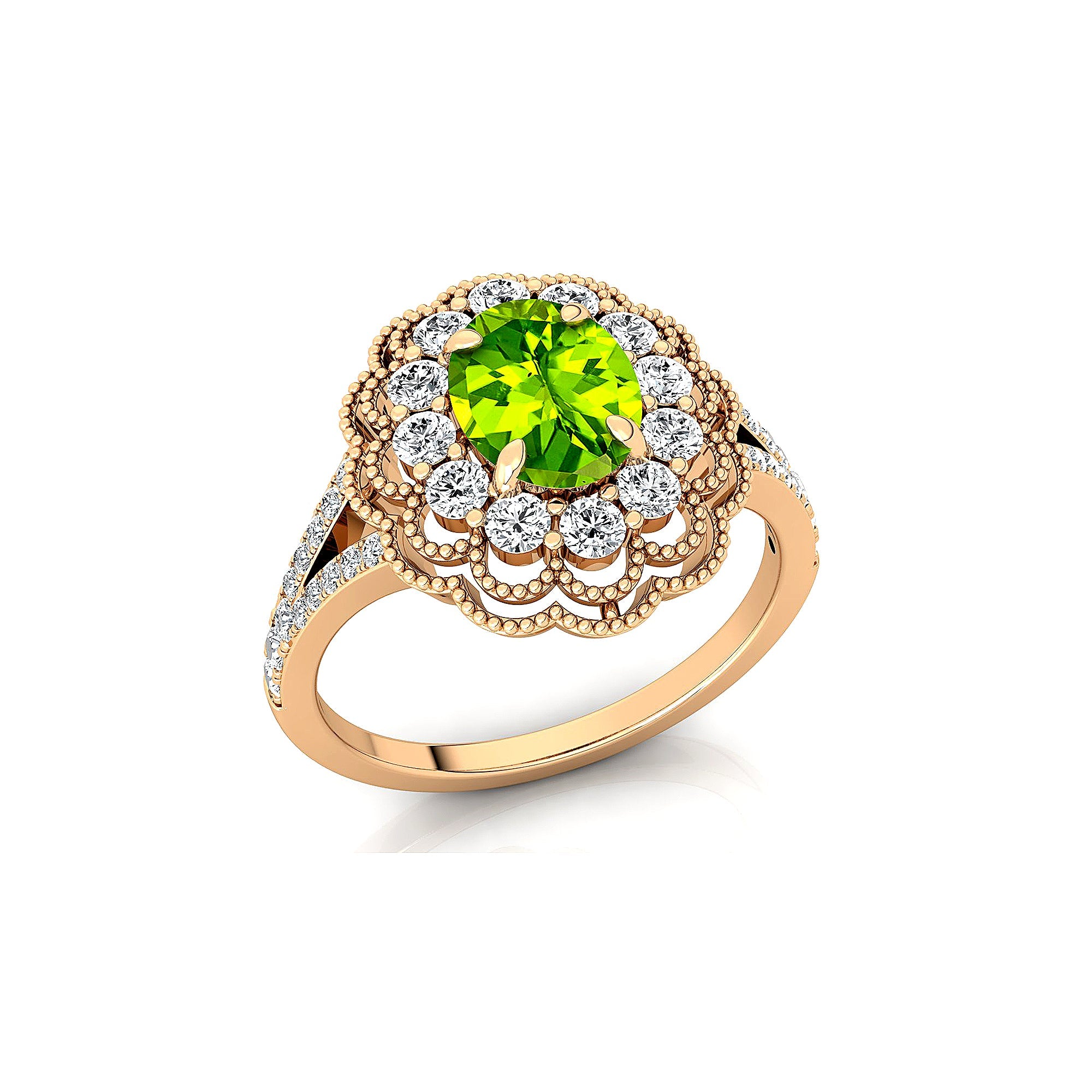 Flower Inspired Cluster Diamond Oval Peridot Engagement Ring - GeumJewels