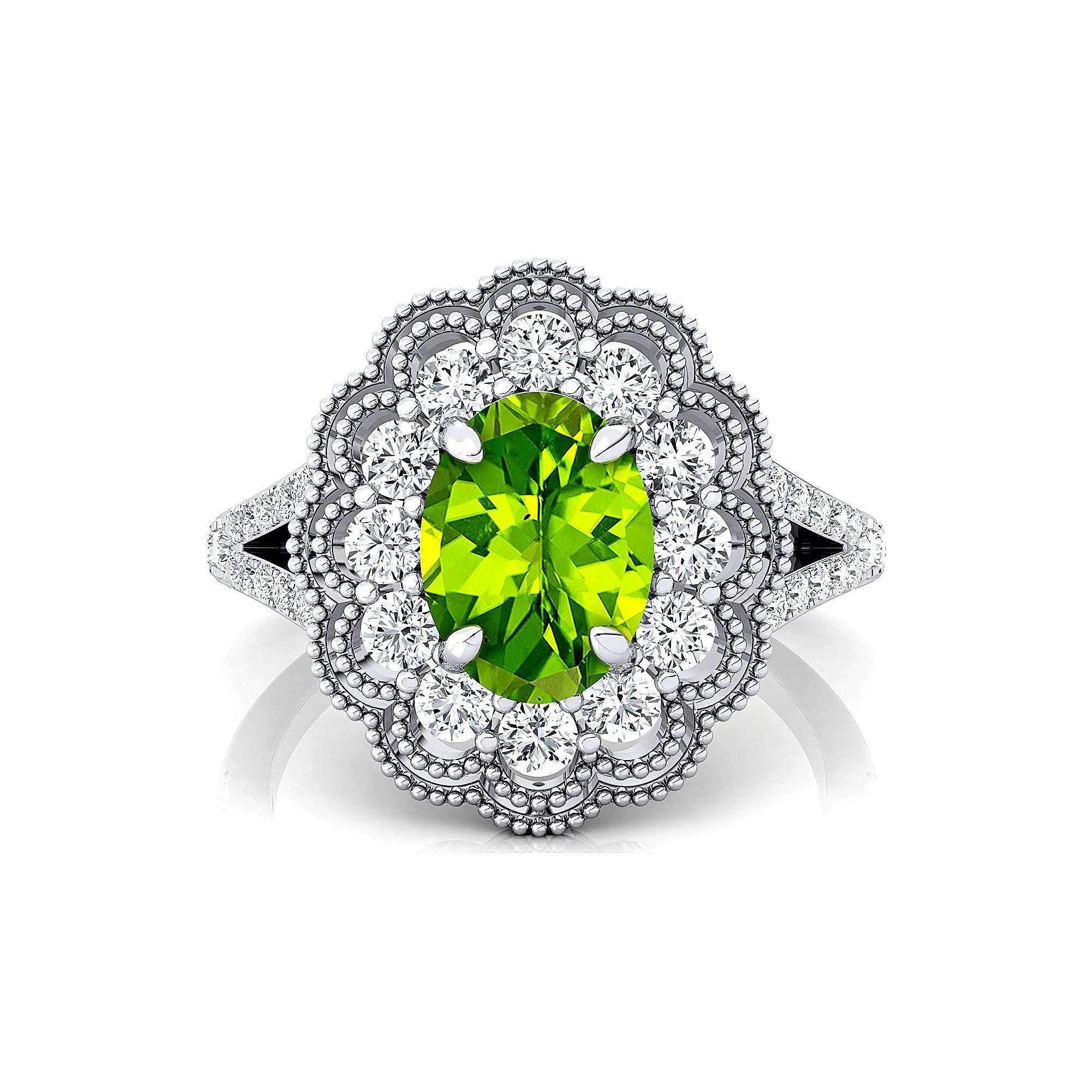 Flower Inspired Cluster Diamond Oval Peridot Engagement Ring - GeumJewels