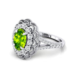 Flower Inspired Cluster Diamond Oval Peridot Engagement Ring - GeumJewels