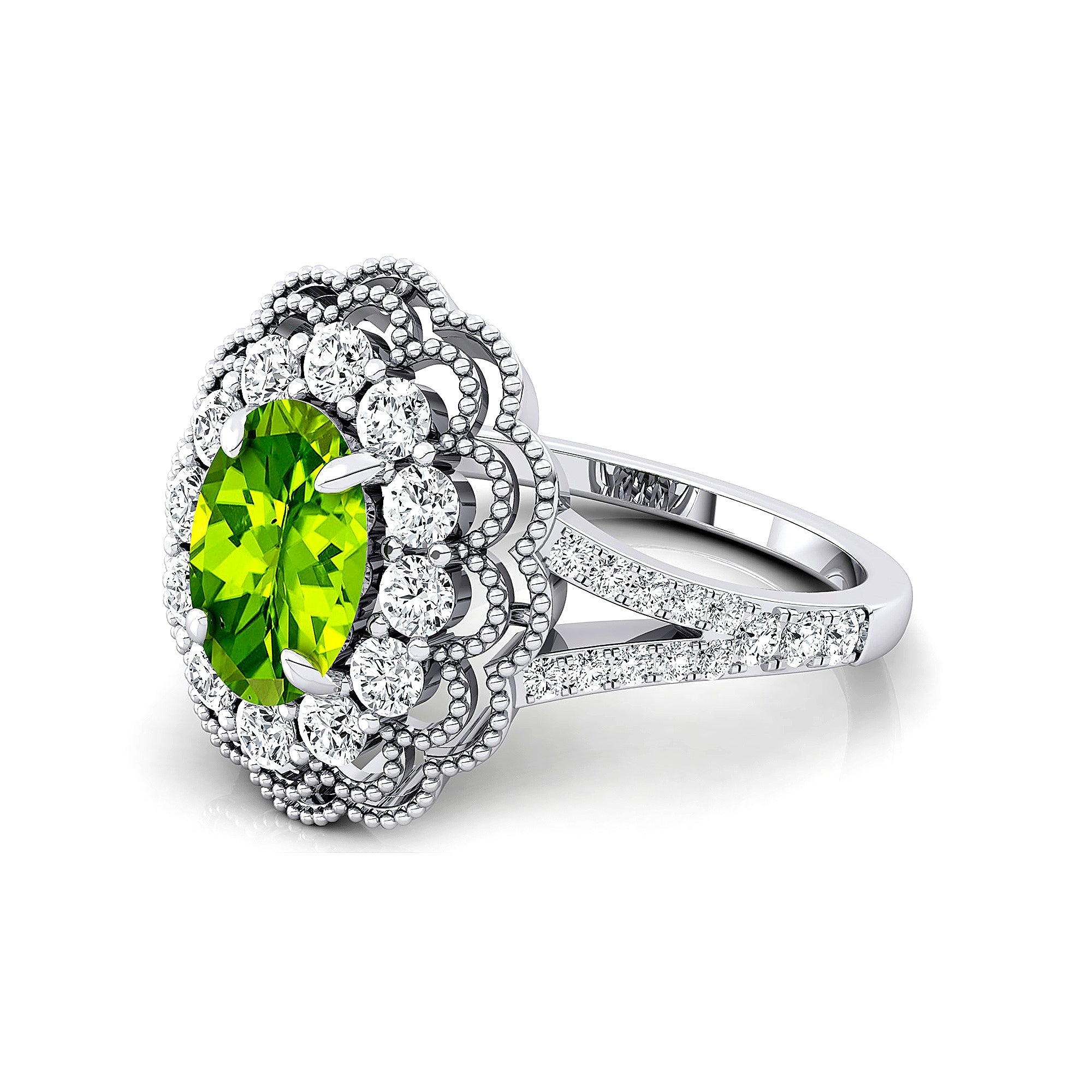 Flower Inspired Cluster Diamond Oval Peridot Engagement Ring - GeumJewels