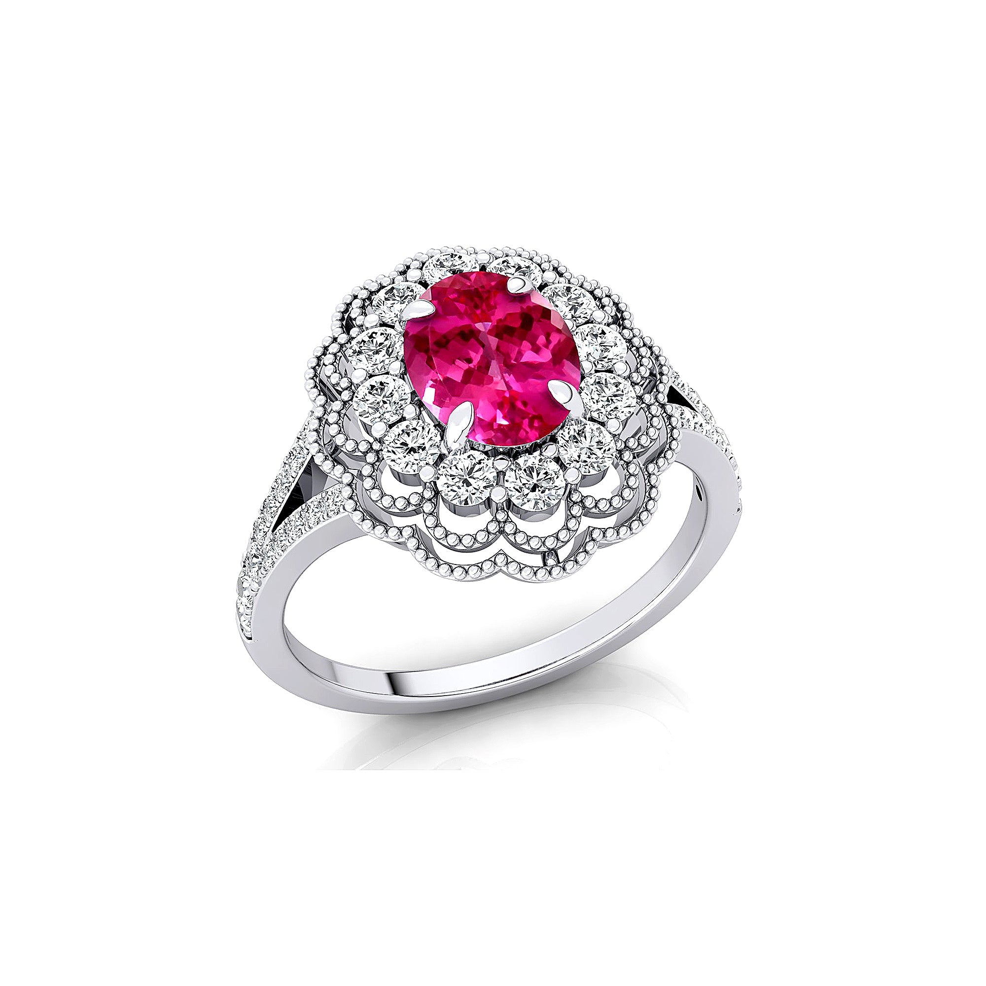 Flower Inspired Cluster Diamond Oval Pink Sapphire Engagement Ring - GeumJewels