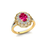 Flower Inspired Cluster Diamond Oval Pink Sapphire Engagement Ring - GeumJewels