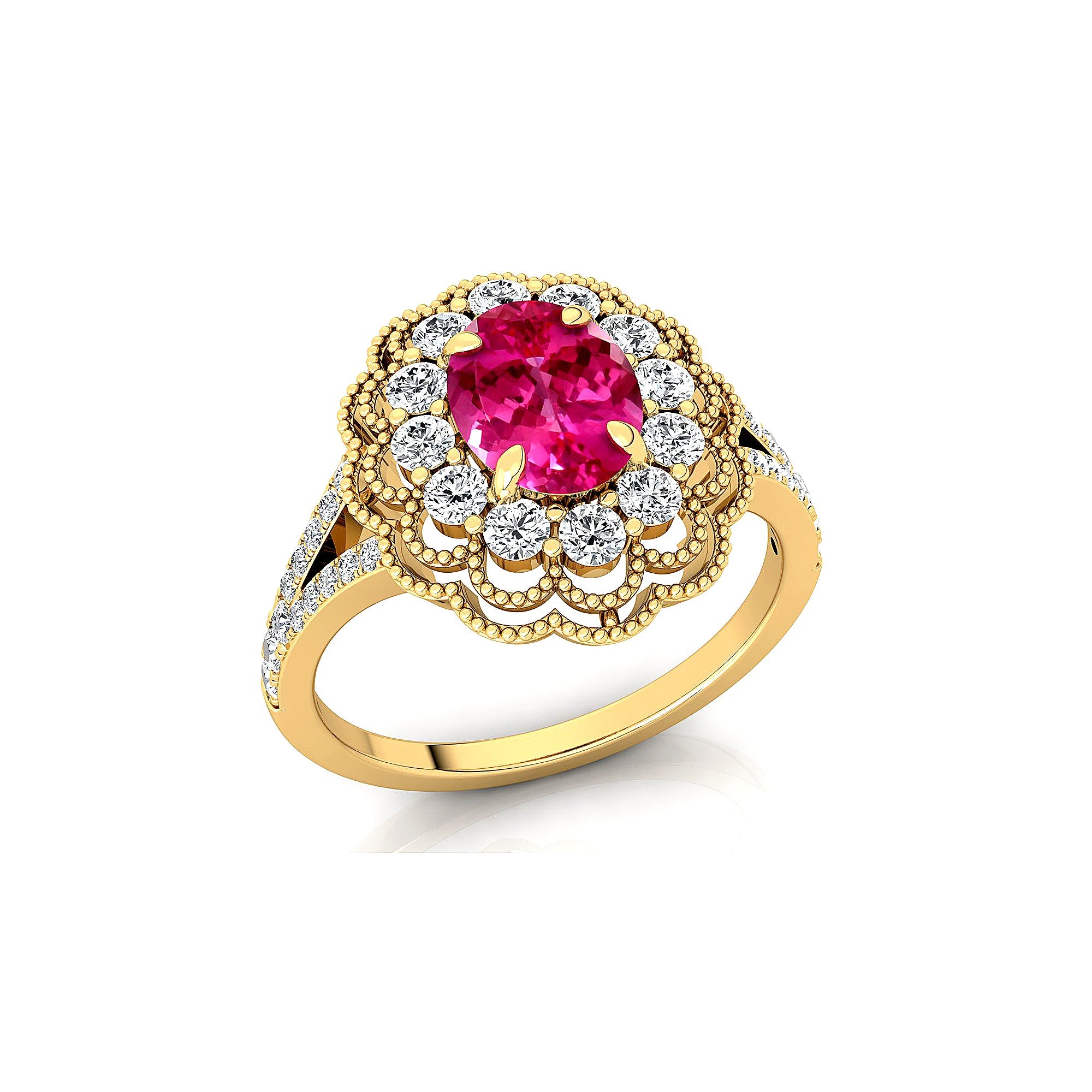 Flower Inspired Cluster Diamond Oval Pink Sapphire Engagement Ring - GeumJewels