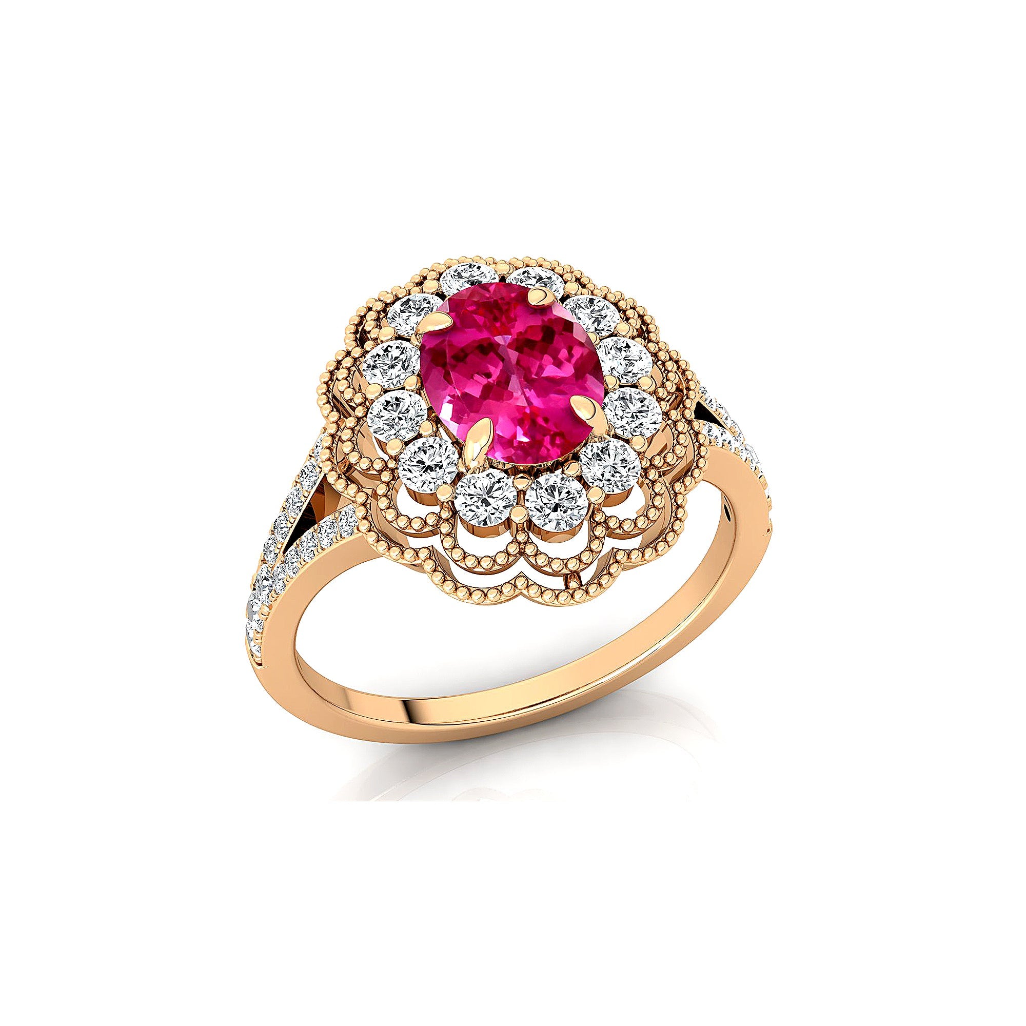 Flower Inspired Cluster Diamond Oval Pink Sapphire Engagement Ring - GeumJewels