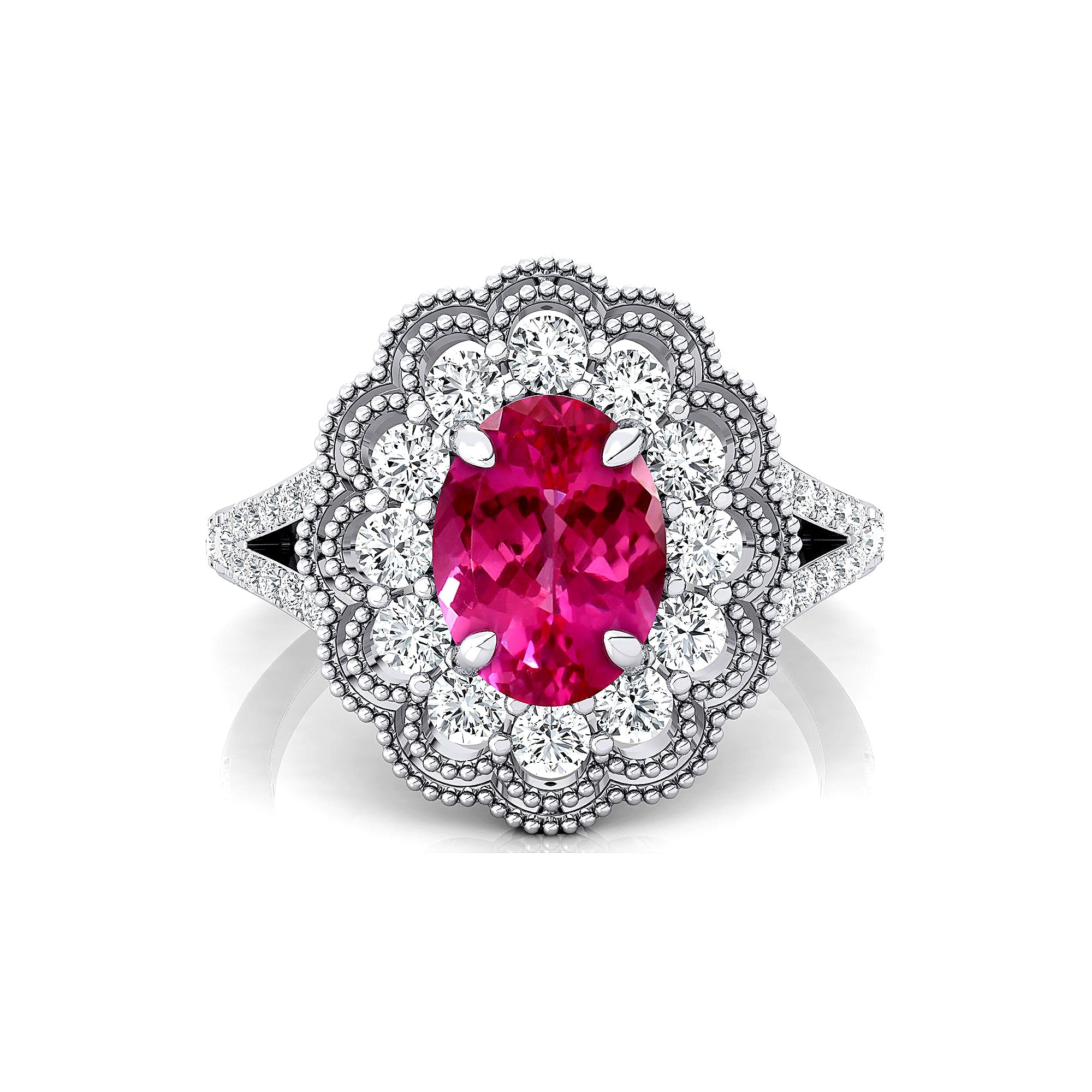 Flower Inspired Cluster Diamond Oval Pink Sapphire Engagement Ring - GeumJewels