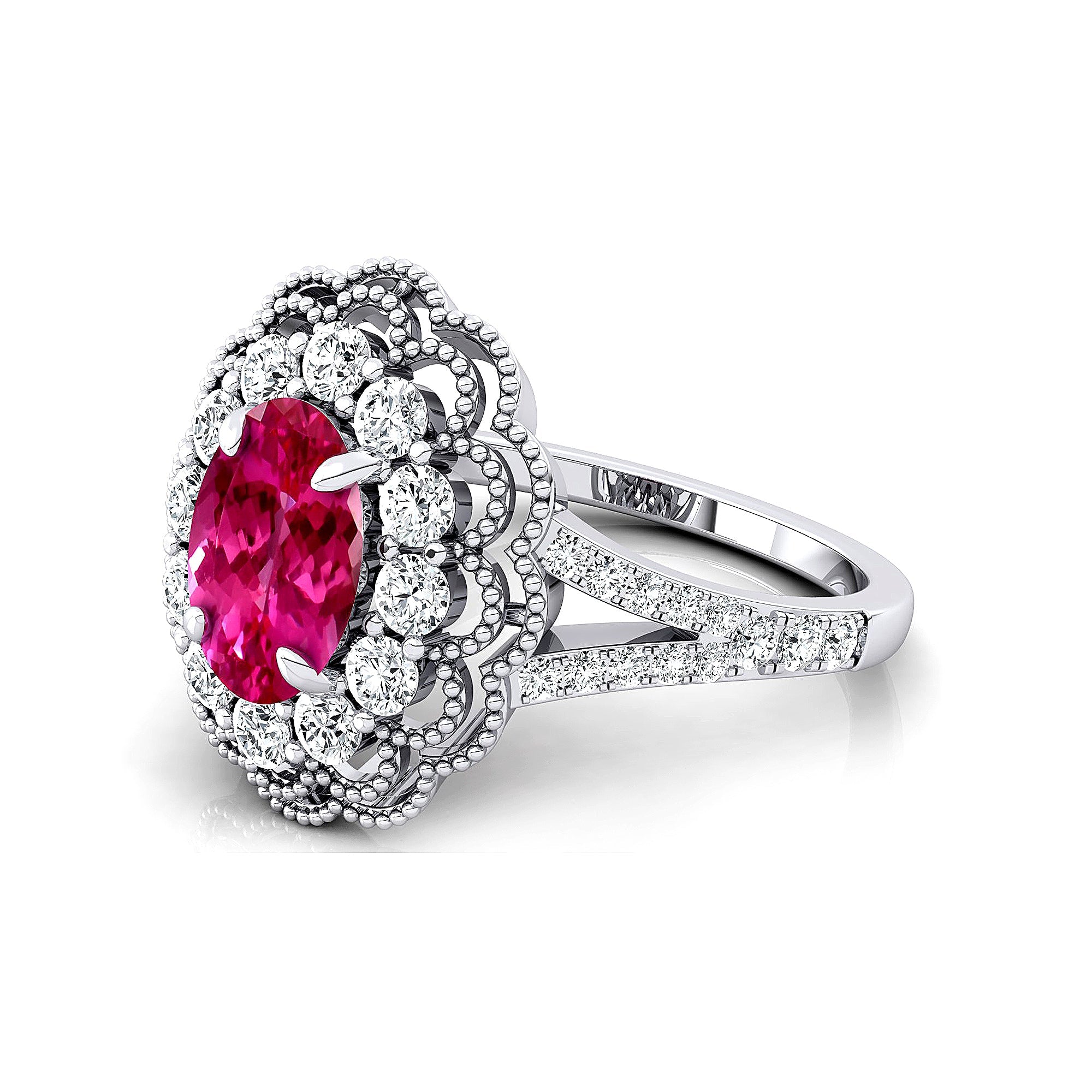 Flower Inspired Cluster Diamond Oval Pink Sapphire Engagement Ring - GeumJewels