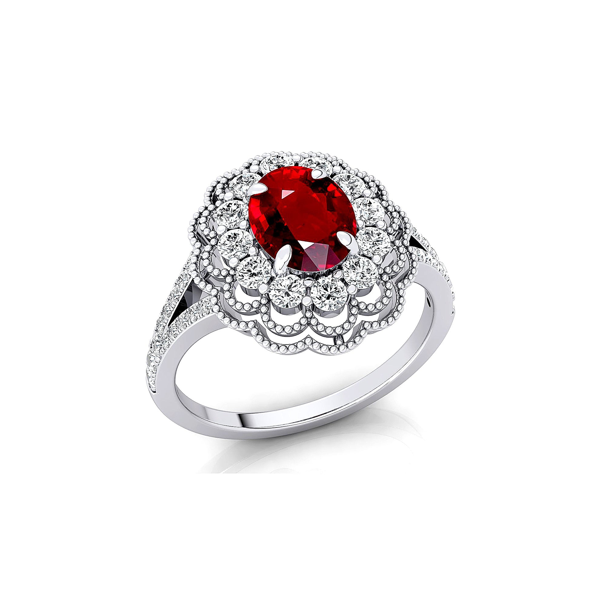 Flower Inspired Cluster Diamond Oval Ruby Engagement Ring - GeumJewels