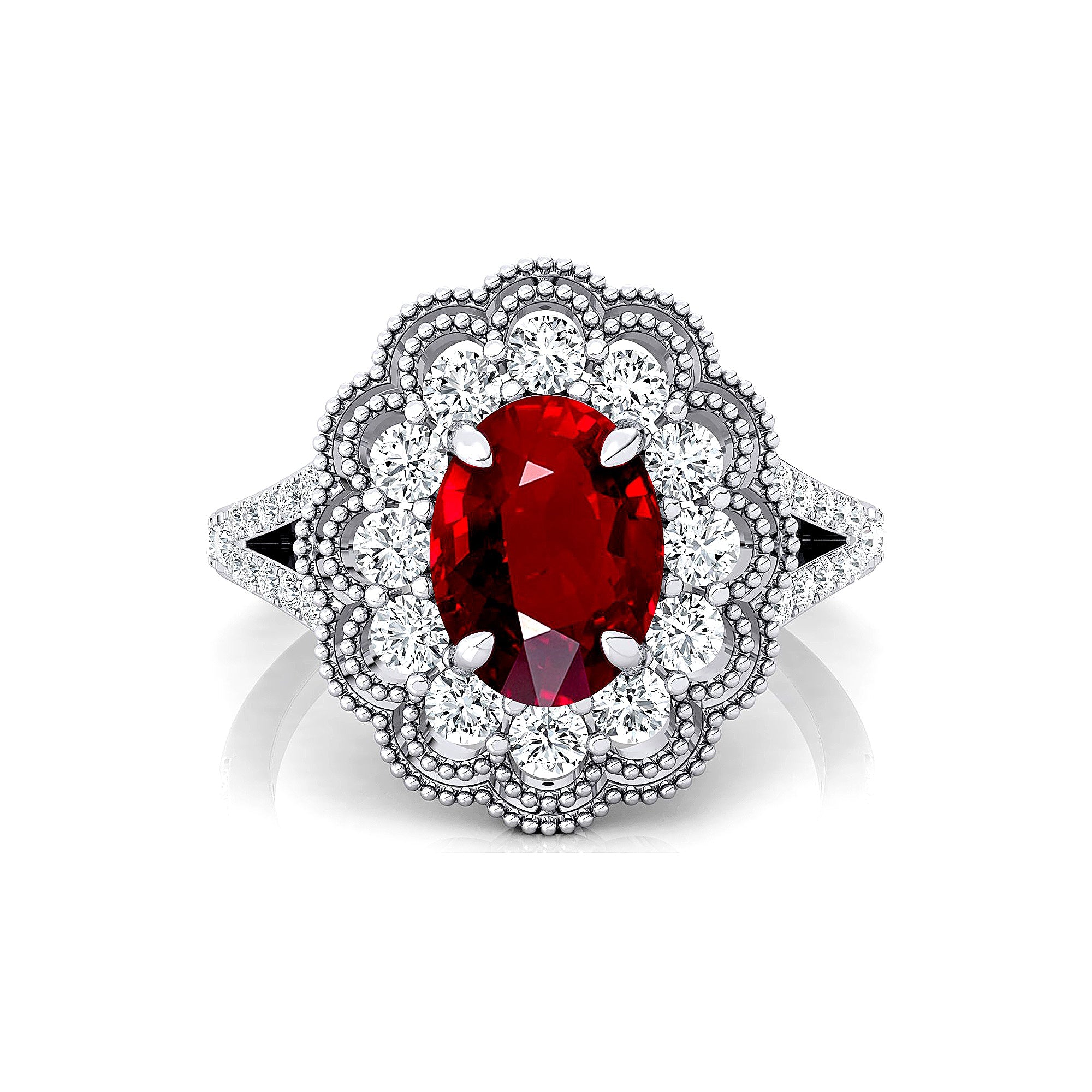 Flower Inspired Cluster Diamond Oval Ruby Engagement Ring - GeumJewels