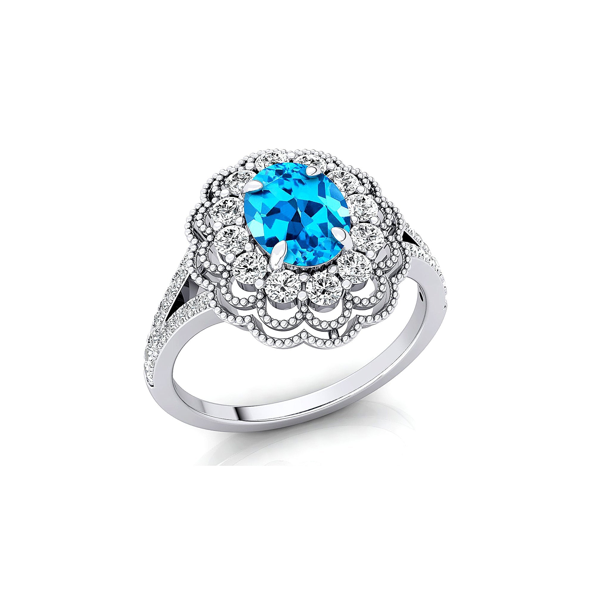 Flower Inspired Cluster Diamond Oval Swiss Blue Topaz Engagement Ring - GeumJewels